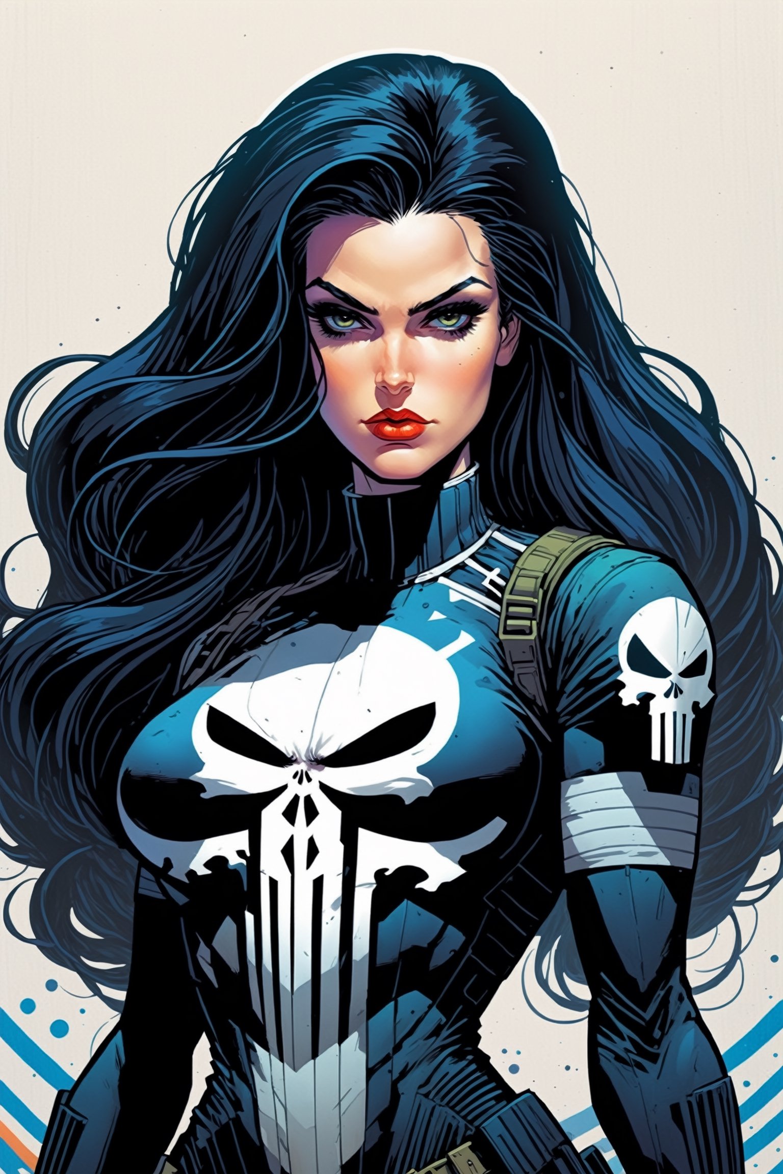 midshot, cel-shading style, centered image, ultra detailed illustration of the comic character, a female Punisher, posing, long Maine of black hair, ((Full Body)), (tetradic colors), inkpunk, ink lines, strong outlines, art by MSchiffer, bold traces, unframed, high contrast, cel-shaded, vector, 4k resolution, best quality, (chromatic aberration:1.8)