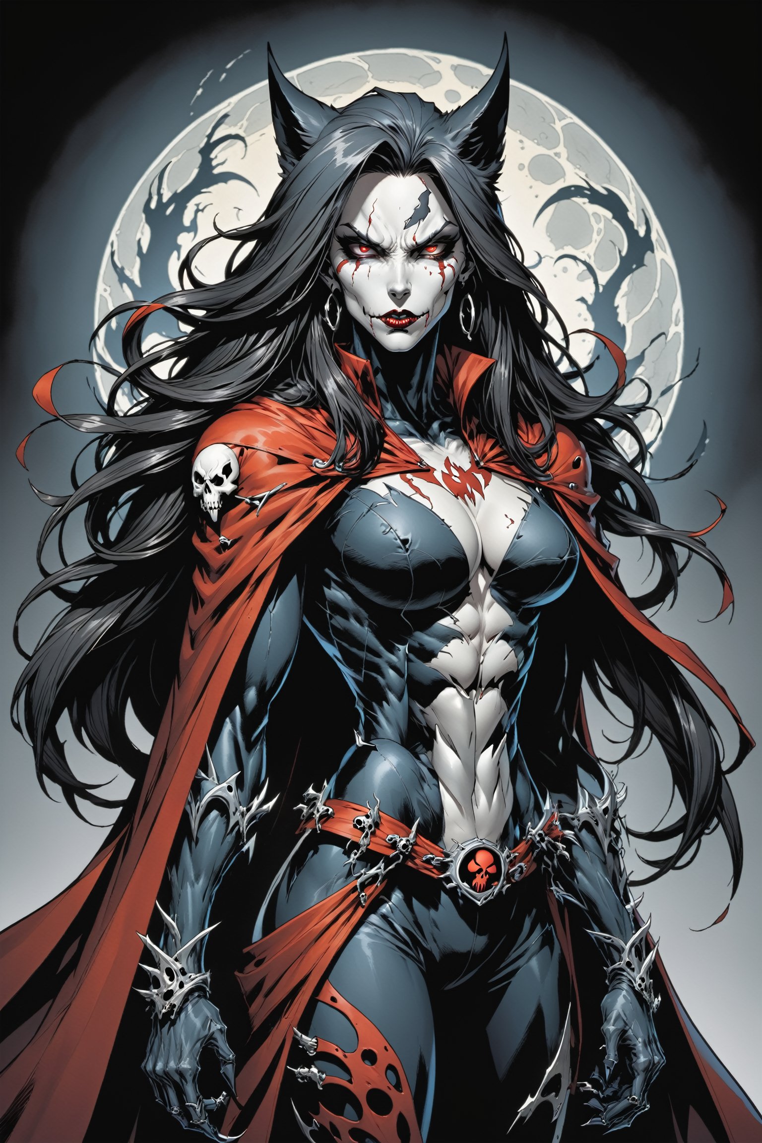 midshot, cel-shading style, centered image, ultra detailed illustration of the comic character ((female Spawn Wolf lady, by Todd McFarlane)), posing, long black long hair, Gray rust, and black suit with a skull emblem, rust flowing cape, ((view from Behind she’s looking over her shoulder)),  ((she has a wolf snout)), ((Full Body)), ((view from behind)), ((perfect hands)), (tetradic colors), inkpunk, ink lines, strong outlines, art by MSchiffer, bold traces, unframed, high contrast, cel-shaded, vector, 4k resolution, best quality, (chromatic aberration:1.8)