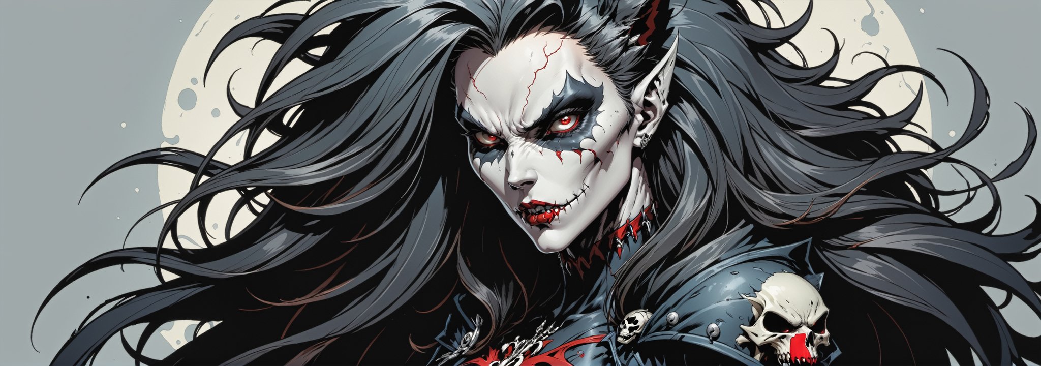 midshot, cel-shading style, centered image, ultra detailed illustration of the comic character ((female Spawn Wolf lady, by Todd McFarlane)), posing, long black long hair, Gray rust, and black suit with a skull emblem, ((view from Behind she’s looking over her shoulder)),  ((she has a wolf snout)), ((Full Body)), ((view from behind)), ((perfect hands)), (tetradic colors), inkpunk, ink lines, strong outlines, art by MSchiffer, bold traces, unframed, high contrast, cel-shaded, vector, 4k resolution, best quality, (chromatic aberration:1.8)