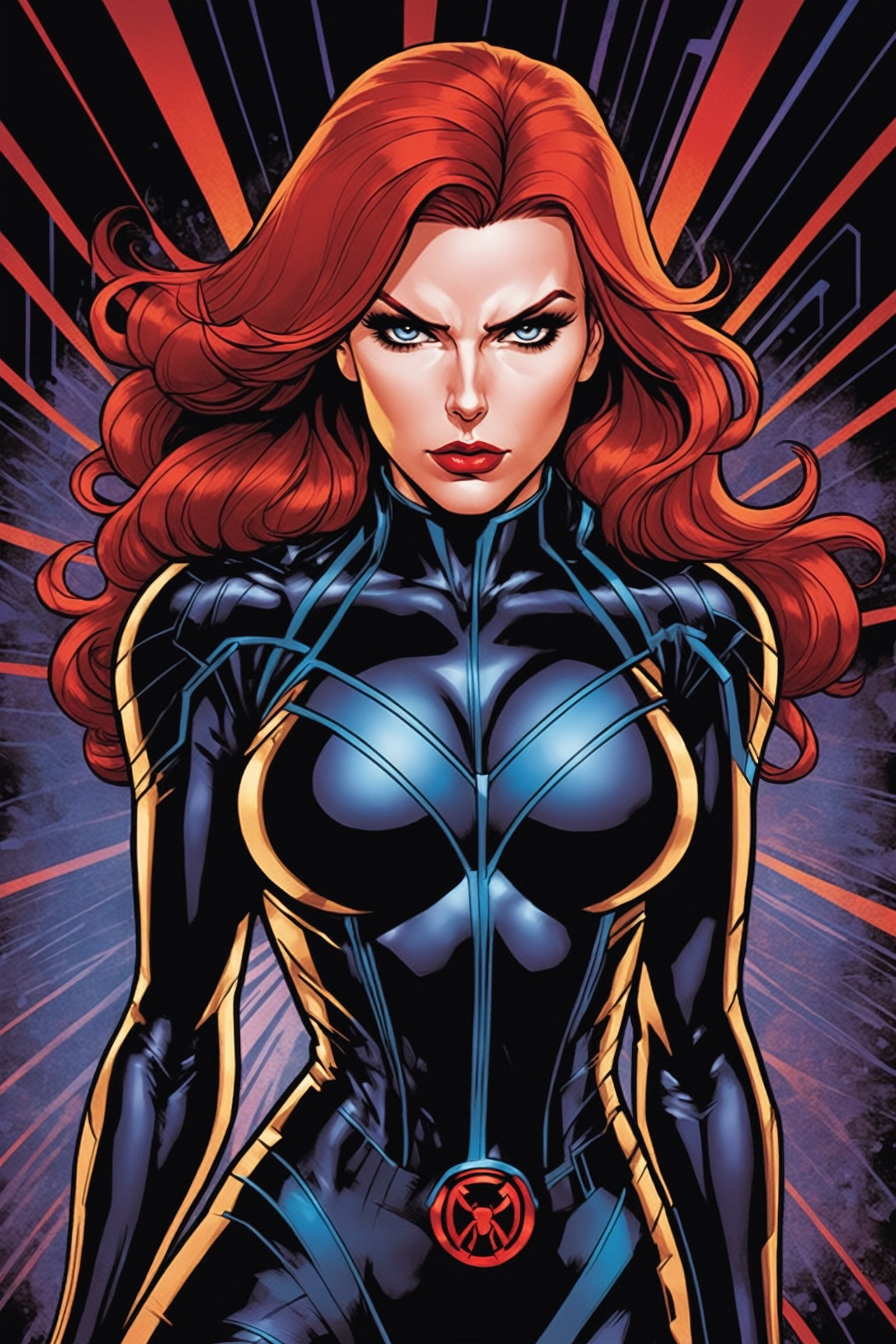 midshot, cel-shading style, centered image, ultra detailed illustration of Black widow, the comic character, posing, (tetradic colors), inkpunk, ink lines, strong outlines, art by MSchiffer, bold traces, unframed, high contrast, cel-shaded, vector, 32k resolution, best quality, (chromatic aberration:1.8)