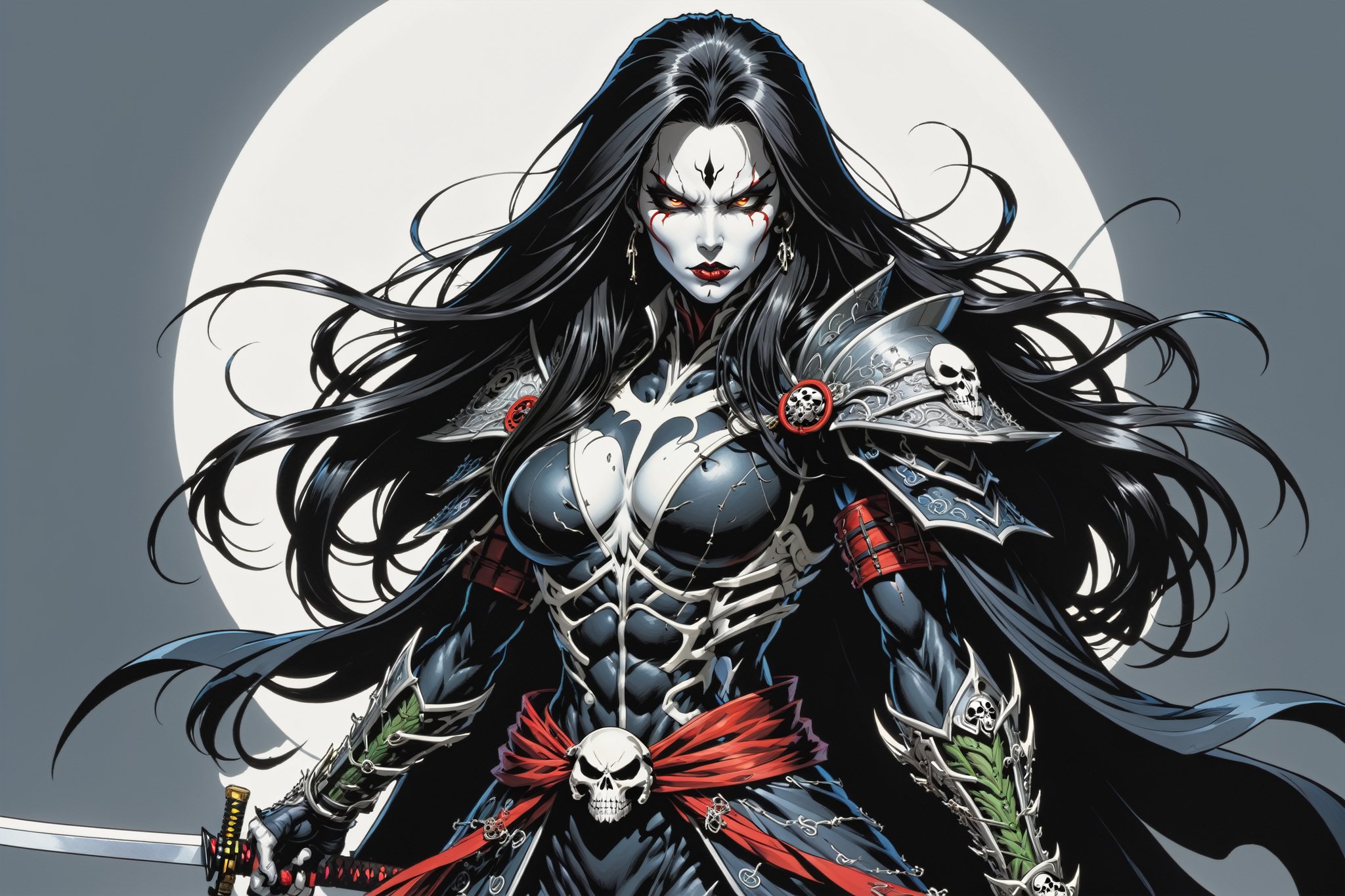 midshot, cel-shading style, centered image, ultra detailed illustration of the comic character ((female Spawn Samurai lady, by Todd McFarlane)), posing, long black long hair, silver and black suit with a skull emblem, long flowing cape,  holding samurai sword, ((Full Body)), (tetradic colors), inkpunk, ink lines, strong outlines, art by MSchiffer, bold traces, unframed, high contrast, cel-shaded, vector, 4k resolution, best quality, (chromatic aberration:1.8)