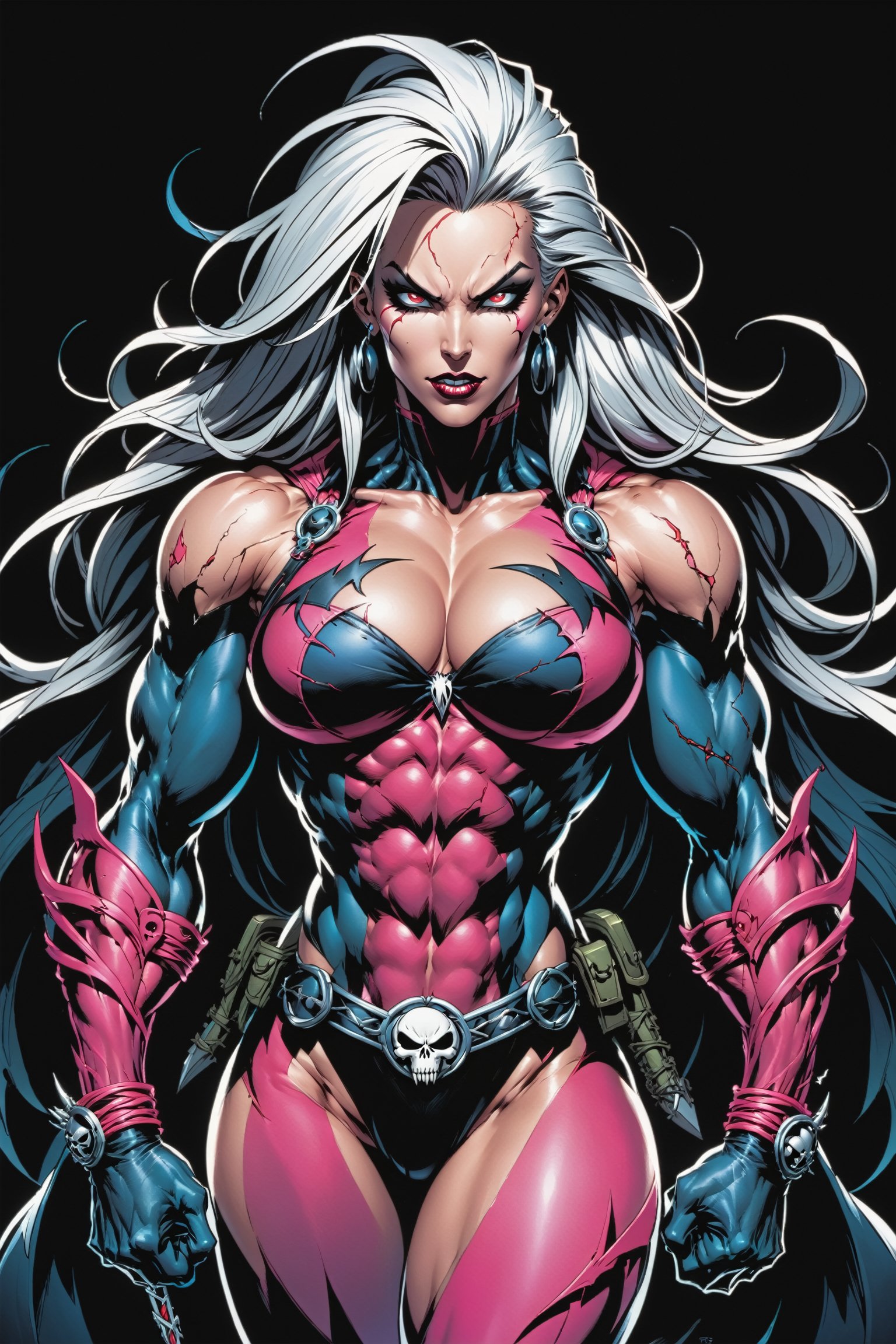 midshot, cel-shading style, centered image, ultra detailed illustration of the comic character ((female Spawn warrior woman, by Todd McFarlane)), posing, extremely muscular overly muscular large breast extremely extremely muscular, black, neon pink, suit with a belt with a skull on it, long white hair in a tall, single ponytail, ((Full Body)), perfect hands, (tetradic colors), inkpunk, ink lines, strong outlines, art by MSchiffer, bold traces, unframed, high contrast, cel-shaded, vector, 4k resolution, best quality, (chromatic aberration:1.8)