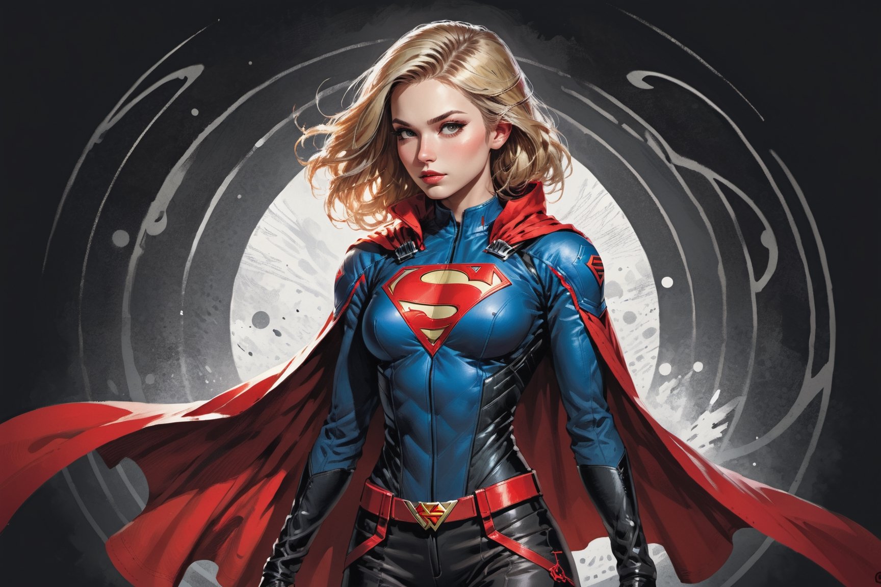 dark, gritty, realistic, mix of bold dark lines and loose lines, bold lines, on paper, turnaround character sheet, a stunningly beautiful (masterpiece, best quality:1.3), (2d:1.3), ink (medium), t-shirt design, White background, ((Half body)),portrait, supergirl, long red cape, outer_space, space hair, levitating, sky, zero gravity, above city, (((View from behind, she is looking over her shoulder))), depth_of_field bits of color, Sketch book, hand drawn, dark, gritty, realistic sketch, Rough sketch, mix of bold dark lines and loose lines, bold lines, Black paper, turnaround character sheet, arcane symbols, runes, dark theme, flowing partially blonde hair, handsome, ((all black padded leather clothing with red accents)), embroidered with runes, modest, black leather pants,  leather rune embroidered boots, (sharp lines), lines of bold ink, strong outlines, bold strokes, high contrast, (professional vector), best quality, flat colors, flat lights, no shadows, low levels, ((geometric shapes)), paint splatters, ((arcane symbols)), runes, dark theme, Perfect composition golden ratio, masterpiece, best quality, 4k, sharp focus. Better hand, perfect anatomy, ((safe for work))