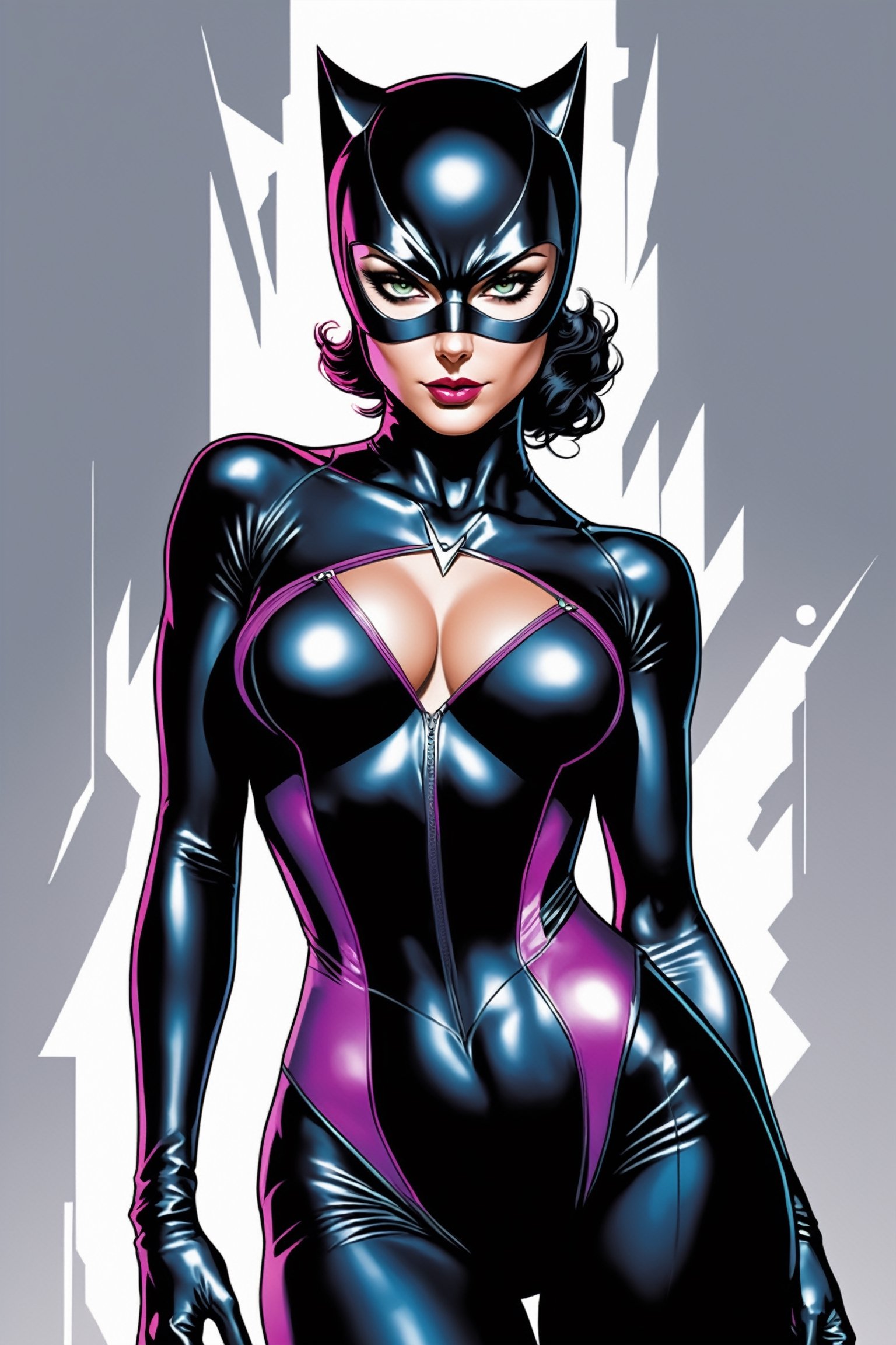 midshot, cel-shading style, centered image, ultra detailed illustration of Catwoman, posing, ((Full Body)), wearing one piece, black bodysuit, (tetradic colors), inkpunk, ink lines, strong outlines, art by MSchiffer, bold traces, unframed, high contrast, cel-shaded, vector, 4k resolution, best quality, (chromatic aberration:1.8)