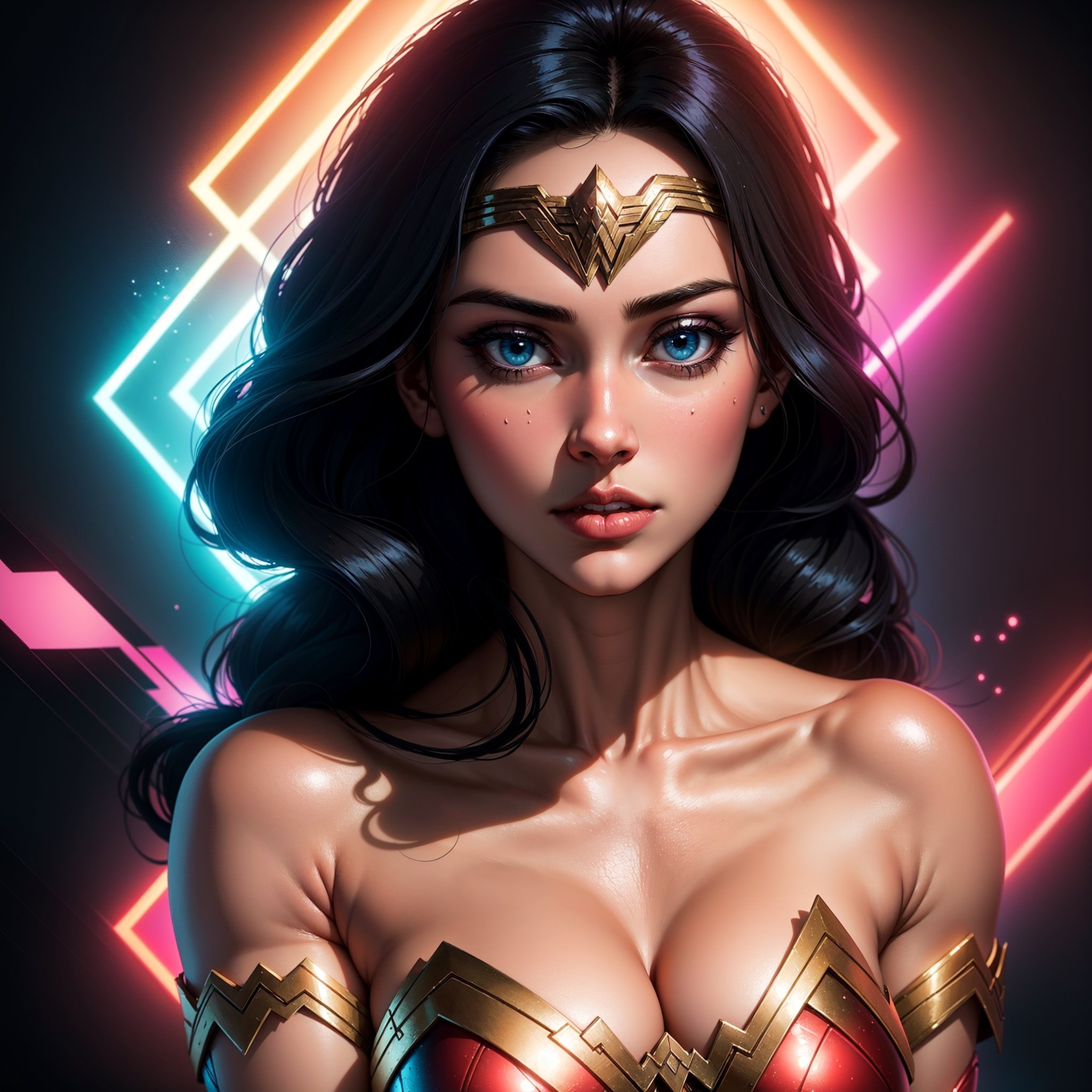 Wonder Woman (big tits) masterpiece, best quality, ((abstract, psychedelic, neon, background)),(creative:1.3), sy3, SMM, fantasy00d