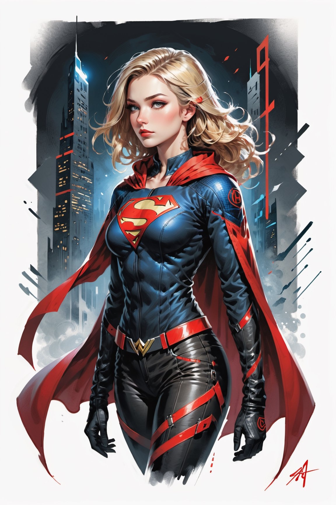 dark, gritty, realistic, mix of bold dark lines and loose lines, bold lines, on paper, turnaround character sheet, a stunningly beautiful (masterpiece, best quality:1.3), (2d:1.3), ink (medium), t-shirt design, White background, ((Half body)),portrait, supergirl, long red cape, outer_space, space hair, levitating, sky, zero gravity, above city, (((View from behind, she is looking over her shoulder))), depth_of_field bits of color, Sketch book, hand drawn, dark, gritty, realistic sketch, Rough sketch, mix of bold dark lines and loose lines, bold lines, Black paper, turnaround character sheet, arcane symbols, runes, dark theme, flowing partially blonde hair, handsome, ((all black padded leather clothing with red accents)), embroidered with runes, modest, black leather pants,  leather rune embroidered boots, (sharp lines), lines of bold ink, strong outlines, bold strokes, high contrast, (professional vector), best quality, flat colors, flat lights, no shadows, low levels, ((geometric shapes)), paint splatters, ((arcane symbols)), runes, dark theme, Perfect composition golden ratio, masterpiece, best quality, 4k, sharp focus. Better hand, perfect anatomy, ((safe for work))