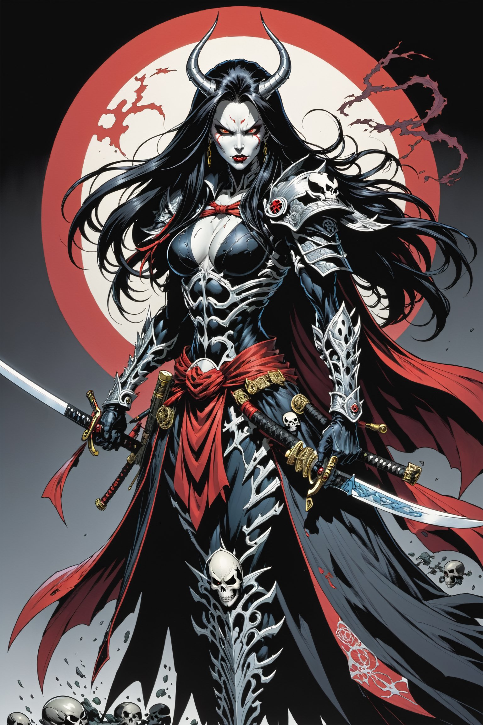 midshot, cel-shading style, centered image, ultra detailed illustration of the comic character ((female Spawn Samurai lady, by Todd McFarlane)), posing, long black long hair, silver and black suit with a skull emblem, long flowing cape,  holding samurai sword, ((Full Body)), (tetradic colors), inkpunk, ink lines, strong outlines, art by MSchiffer, bold traces, unframed, high contrast, cel-shaded, vector, 4k resolution, best quality, (chromatic aberration:1.8)