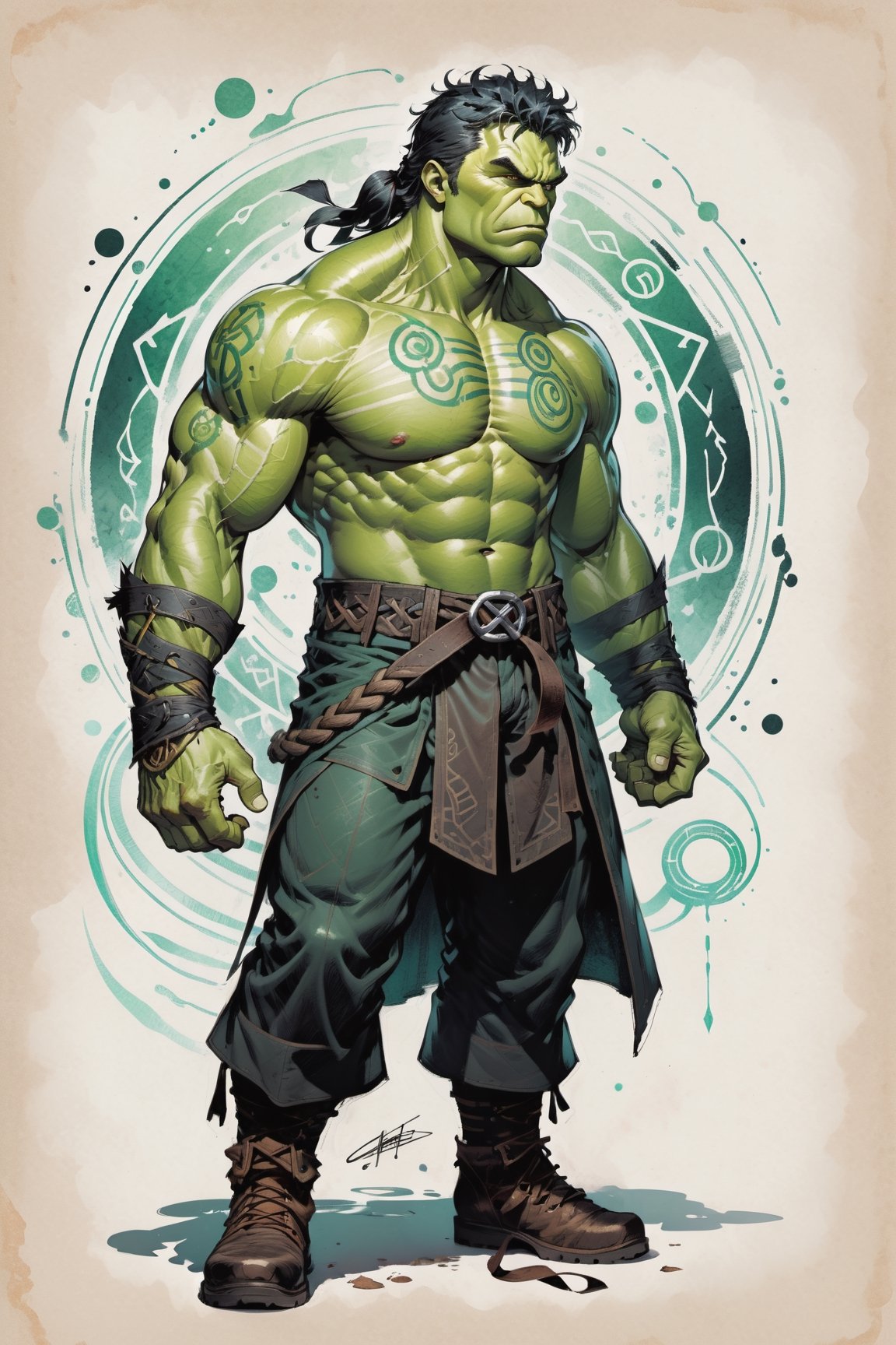 dark, gritty, realistic, mix of bold dark lines and loose lines, bold lines, on paper, turnaround character sheet, a stunningly beautiful (masterpiece, best quality:1.3), (2d:1.3), ink (medium), t-shirt design, White background, Full body, 2D illustration,  ((The Hulk)). bits of color, Sketch book, hand drawn, dark, gritty, realistic sketch, Rough sketch, mix of bold dark lines and loose lines, bold lines, on paper, turnaround character sheet. Close-up of his face, arcane symbols, runes, dark theme, flowing partially braided pale Green hair, handsome, padded leather clothing embroidered with runes, modest, leather rune embroidered boots, (sharp lines), lines of bold ink, strong outlines, bold strokes, high contrast, (professional vector), best quality, flat colors, flat lights, no shadows, low levels, ((geometric shapes)), paint splatters, arcane symbols, runes, dark theme, Perfect composition golden ratio, masterpiece, best quality, 4k, sharp focus. Better hand, perfect anatomy, ((safe for work))