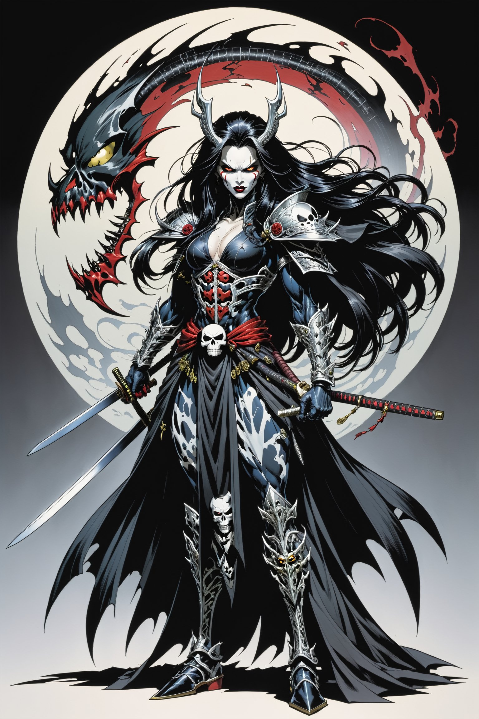 midshot, cel-shading style, centered image, ultra detailed illustration of the comic character ((female Spawn Samurai lady, by Todd McFarlane)), posing, long black long hair, silver and black suit with a skull emblem, long flowing cape,  holding samurai sword, ((Full Body)), (tetradic colors), inkpunk, ink lines, strong outlines, art by MSchiffer, bold traces, unframed, high contrast, cel-shaded, vector, 4k resolution, best quality, (chromatic aberration:1.8)