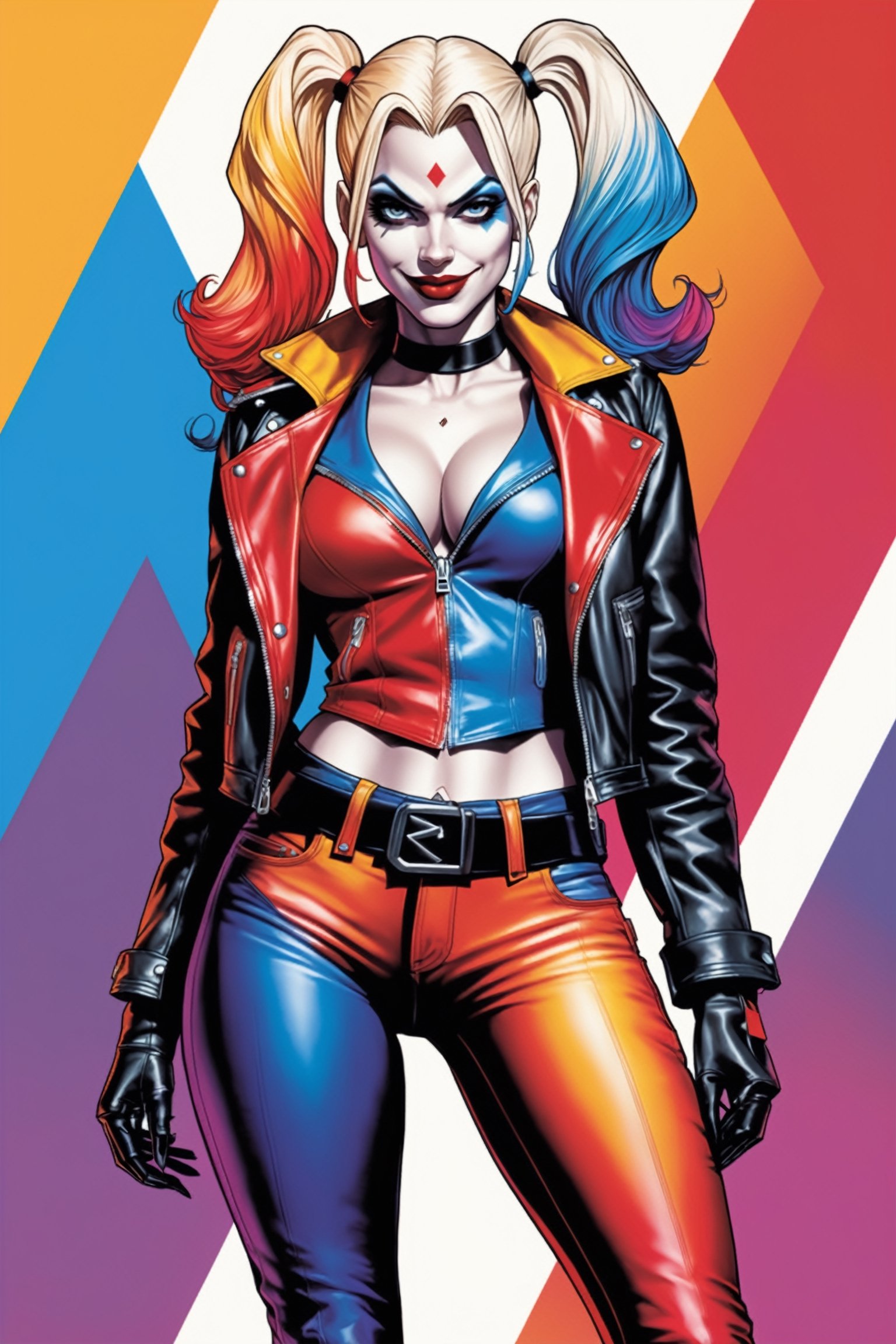 midshot, cel-shading style, centered image, ultra detailed illustration of Harley Quinn, posing, ((Full Body)), wearing leather pants, leather jacket, (tetradic colors), inkpunk, ink lines, strong outlines, art by MSchiffer, bold traces, unframed, high contrast, cel-shaded, vector, 4k resolution, best quality, (chromatic aberration:1.8)