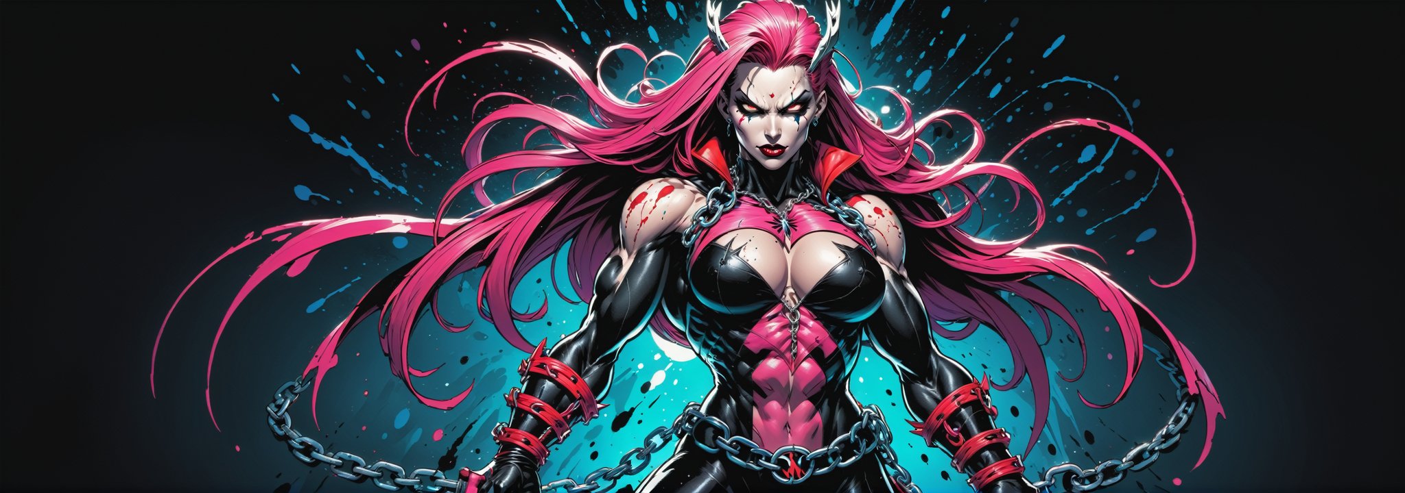 midshot, cel-shading style, centered image, ultra detailed illustration of the comic character ((female Spawn warrior woman, by Todd McFarlane)), posing, extremely muscular overly muscular large breast extremely extremely muscular, black, neon pink, suit with a belt with a skull on it, long pale pink hair in a tall, single ponytail, ((view from Behind she’s looking over her shoulder)),  ((Full Body)), ((view from behind)), ((holding chains in her hand)), splatters of paint in the background glowing neon, perfect hands, (tetradic colors), inkpunk, ink lines, strong outlines, art by MSchiffer, bold traces, unframed, high contrast, cel-shaded, vector, 4k resolution, best quality, (chromatic aberration:1.8)