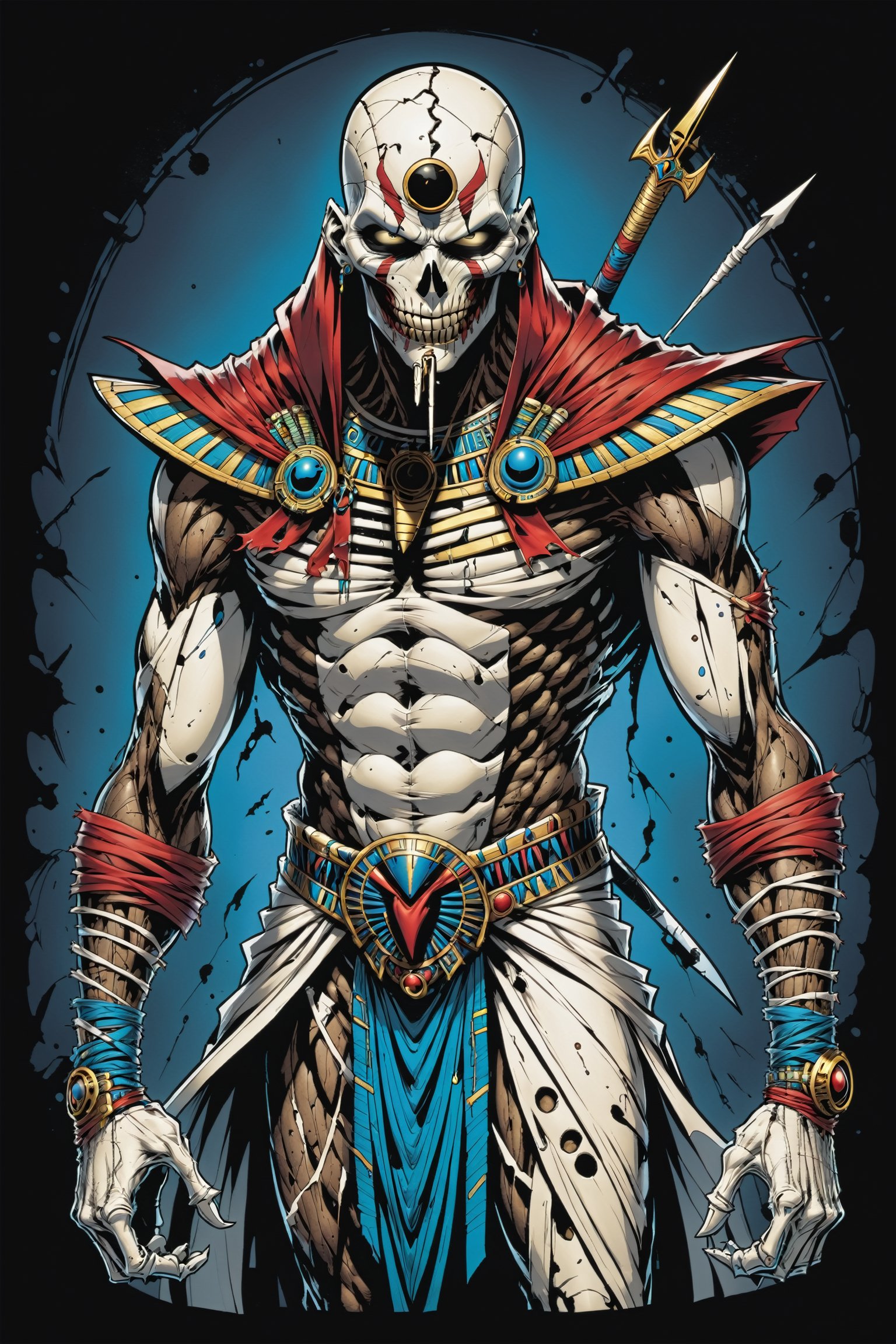 midshot, cel-shading style, centered image, ultra detailed illustration of the comic character ((male Spawn Egyptian mummy, by Todd McFarlane)), posing, wrapped in tattered bandages all over the body, ((Full Body)), (tetradic colors), inkpunk, ink lines, strong outlines, art by MSchiffer, bold traces, unframed, high contrast, cel-shaded, vector, 4k resolution, best quality, (chromatic aberration:1.8)