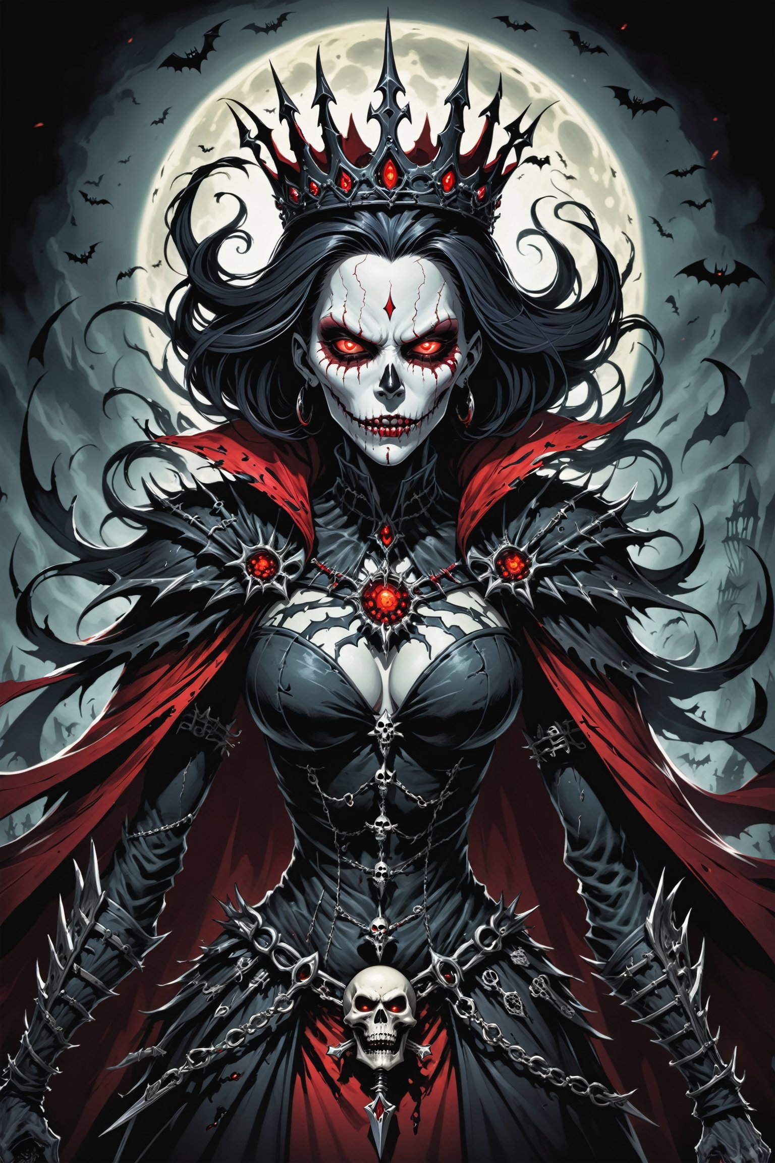 midshot, cel-shading style, centered image, ultra detailed illustration of the comic character (( female Spawn  Halloween-style fantasy world image featuring a terrifying undead Queen with a skull face and glowing red eyes. Envision the Queen adorned in torn black and red dark clothes, wielding a deadly, sinister spiky weapon. Specify a dark fantasy-style atmosphere with chilling details, capturing the sinister essence of this undead monarch. Request a visually striking composition that blends the elements of horror and fantasy, creating a haunting masterpiece perfect for the Halloween theme by, Todd McFarlane)), posing,  he has black  in traditional Indian attire with a skull emblem, ((holding a A spear)),  (((Full Body))), (((perfect hands))),(((realistic hands))),(((accurate hands))), (tetradic colors), inkpunk, ink lines, strong outlines, art by MSchiffer, bold traces, unframed, high contrast, cel-shaded, vector, 4k resolution, best quality, (chromatic aberration:1.8)