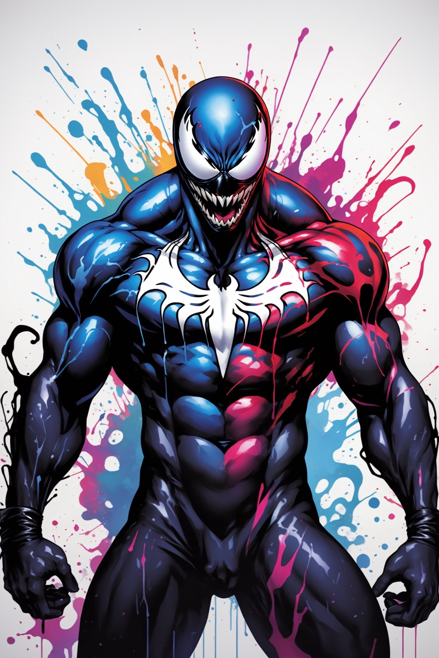 midshot, cel-shading style, centered image, ultra detailed illustration of Venom posing, ((Full Body)), (tetradic colors), ((inkpunk)), ((ink lines)), ink splatter, strong outlines, art by MSchiffer, bold traces, unframed, high contrast, cel-shaded, vector, 4k resolution, best quality, (chromatic aberration:1.8)