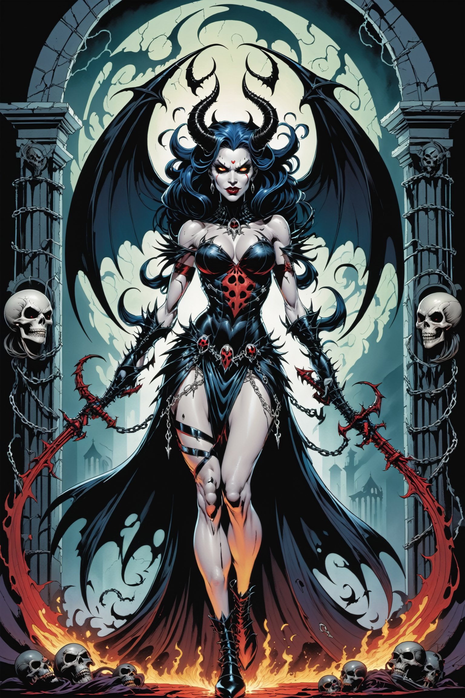 midshot, cel-shading style, centered image, ultra detailed illustration of the comic character ((female Spawn Queen of the Damned by Todd McFarlane)), posing, Black, dress with a skull emblem, ((Full Body)), ((the gates of hell in the background)),  (tetradic colors), inkpunk, ink lines, strong outlines, art by MSchiffer, bold traces, unframed, high contrast, cel-shaded, vector, 4k resolution, best quality, (chromatic aberration:1.8)
