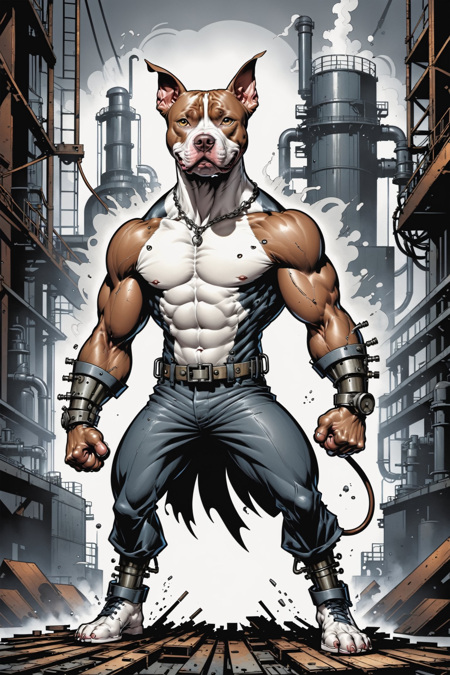 midshot, cel-shading style, centered image, ultra detailed illustration of the comic character ((The Pitbull , ((industrial background)), by Todd McFarlane)), posing, (((Full Body))),  (((it's coloring are White, brown and gray))), ((natural colors)), inkpunk, ink lines, strong outlines, art by MSchiffer, bold traces, unframed, high contrast, cel-shaded, vector, 4k resolution, best quality, (chromatic aberration:1.8