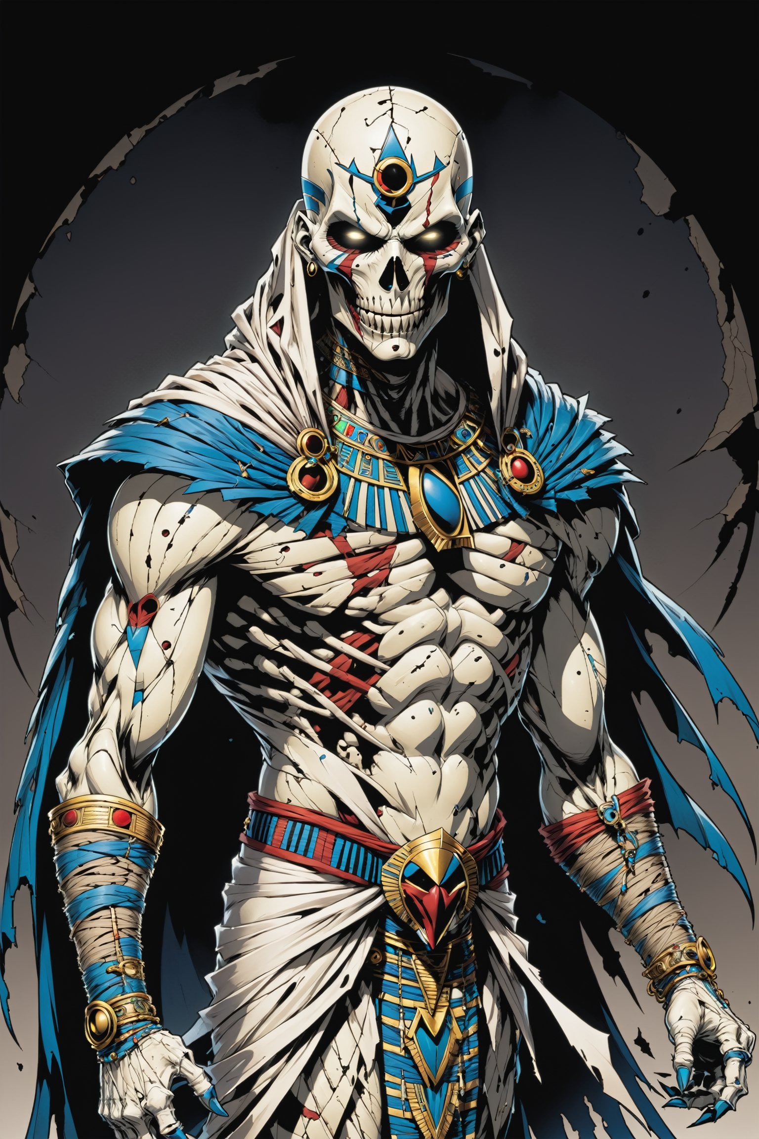 midshot, cel-shading style, centered image, ultra detailed illustration of the comic character ((male Spawn Egyptian mummy, by Todd McFarlane)), posing, wrapped in tattered bandages all over the body, ((Full Body)), inside pyramid, (tetradic colors), inkpunk, ink lines, strong outlines, art by MSchiffer, bold traces, unframed, high contrast, cel-shaded, vector, 4k resolution, best quality, (chromatic aberration:1.8)