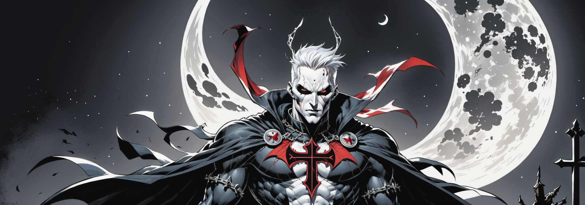 midshot, cel-shading style, centered image, ultra detailed illustration of the comic character ((male Spawn Warrior Catholic priest, by Todd McFarlane)), posing, white  hair,  ((cross around his neck)), charcoal and black white suit with cross emblem, gun belts draped over his shoulders, ((Full Body)), ((perfect hands)), the moon in the background, (tetradic colors), inkpunk, ink lines, strong outlines, art by MSchiffer, bold traces, unframed, high contrast, cel-shaded, vector, 4k resolution, best quality, (chromatic aberration:1.8)