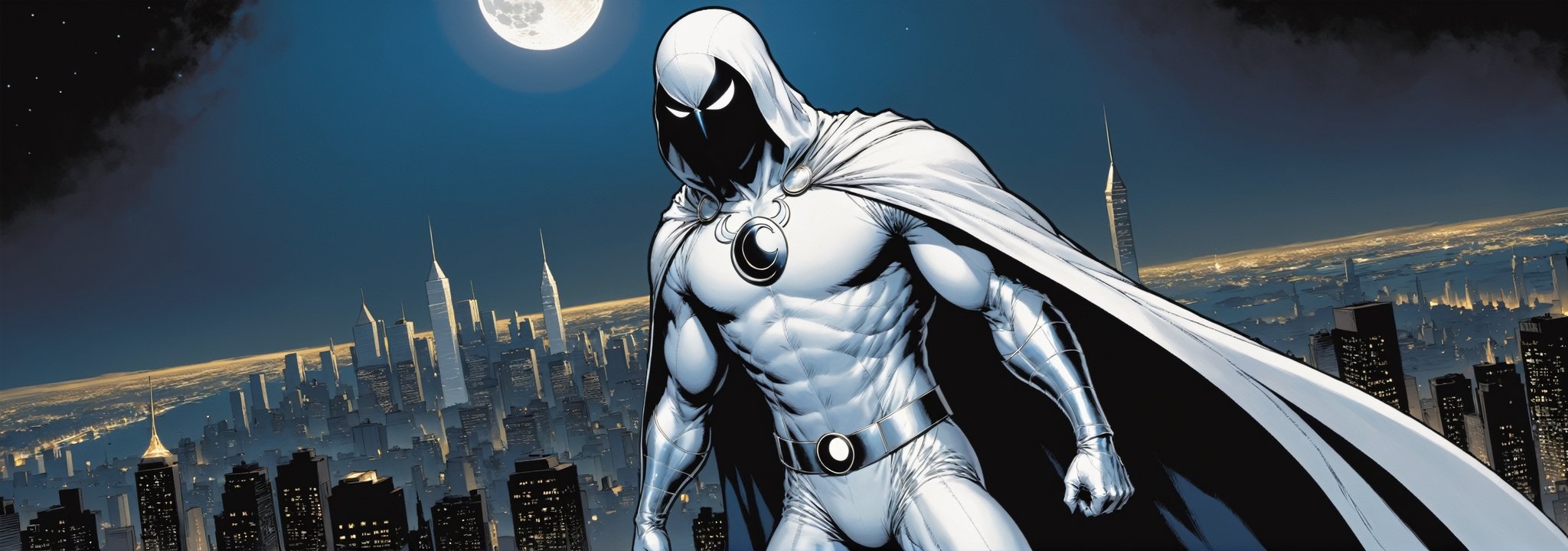 Standing atop a moonlit rooftop, the enigmatic figure known as Moon Knight cuts a striking silhouette against the city skyline. Clad in a suit of White leather, with a hooded cloak, ((adorned with intricate crescent moon motifs)), he exudes an aura of otherworldly power. His muscular physique is accentuated by the tight-fitting suit, which hugs his form like a second skin. A billowing White cape, flows behind him, adding to the air of mystique that surrounds him.

Atop his head rests a hooded cloak and cowl, concealing his features in shadow while his piercing white eyes gleam with an otherworldly intensity. In one hand, he grips a crescent-shaped staff, a versatile weapon capable of both striking down his foes and aiding in his acrobatic feats. On his utility belt, an array of gadgets and tools are holstered, ready to be deployed at a moment's notice.

With an air of silent determination, Moon Knight stands ready to mete out justice upon those who would dare to threaten the innocent, his presence a beacon of hope in the darkness of the night.
