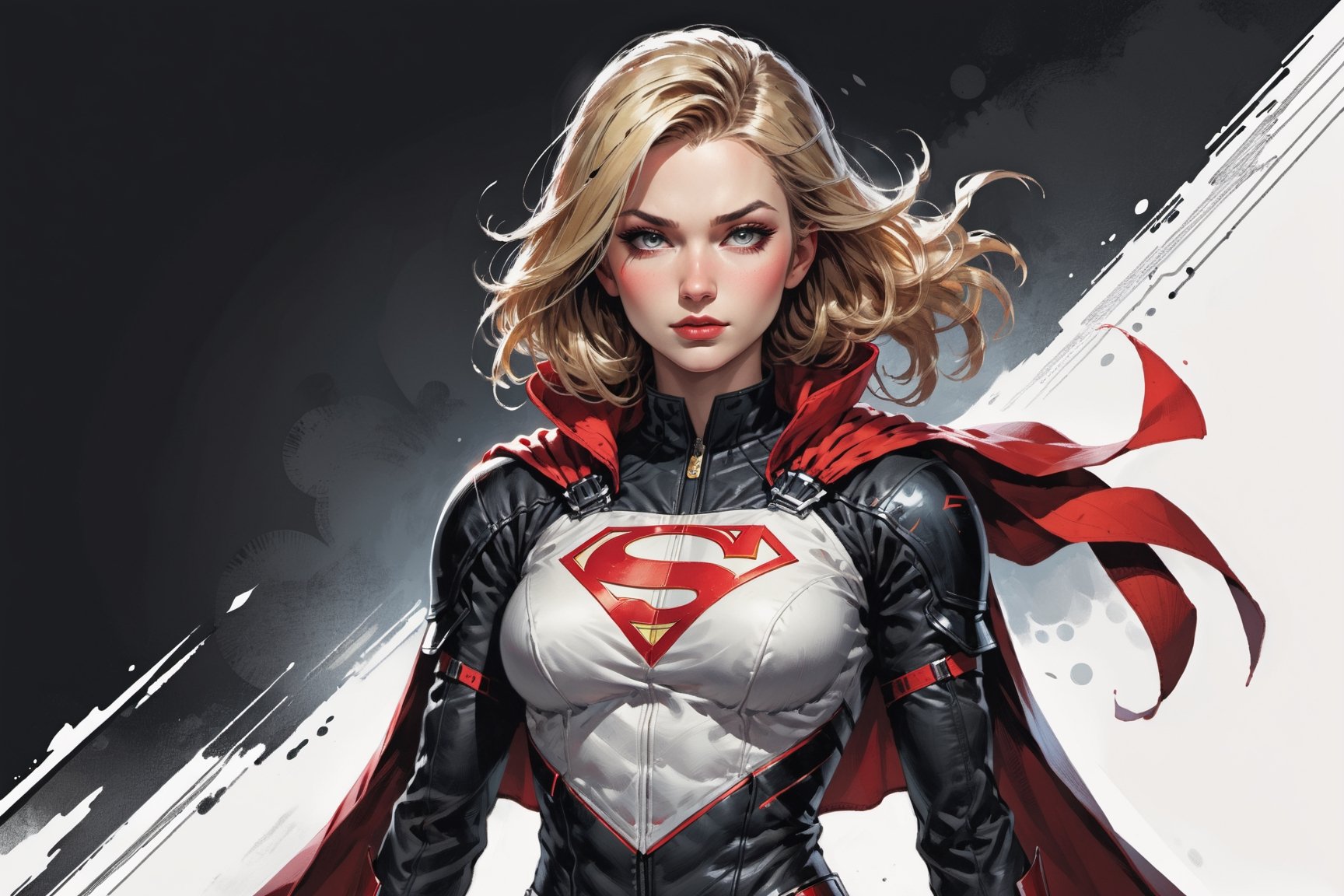 dark, gritty, realistic, mix of bold dark lines and loose lines, bold lines, on paper, turnaround character sheet, a stunningly beautiful (masterpiece, best quality:1.3), (2d:1.3), ink (medium), t-shirt design, White background, ((Half body)),portrait, supergirl, long red cape, outer_space, space hair, levitating, sky, zero gravity, above city, (((View from behind, she is looking over her shoulder))), depth_of_field bits of color, Sketch book, hand drawn, dark, gritty, realistic sketch, Rough sketch, mix of bold dark lines and loose lines, bold lines, Black paper, turnaround character sheet, arcane symbols, runes, dark theme, flowing partially blonde hair, handsome, ((all black padded leather clothing with red accents)), embroidered with runes, modest, black leather pants,  leather rune embroidered boots, (sharp lines), lines of bold ink, strong outlines, bold strokes, high contrast, (professional vector), best quality, flat colors, flat lights, no shadows, low levels, ((geometric shapes)), paint splatters, ((arcane symbols)), runes, dark theme, Perfect composition golden ratio, masterpiece, best quality, 4k, sharp focus. Better hand, perfect anatomy, ((safe for work))