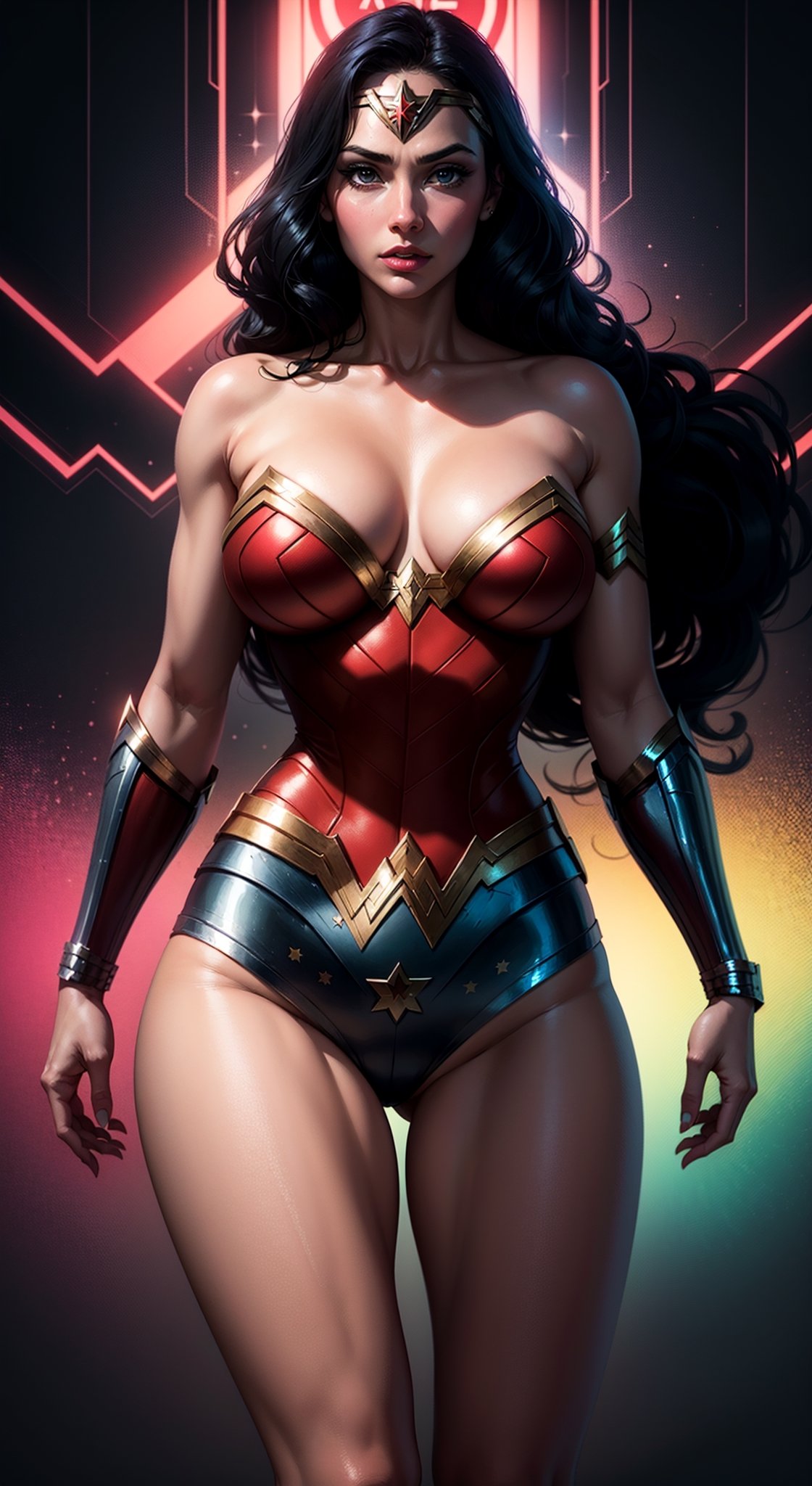 Wonder Woman (big tits) masterpiece, best quality, ((abstract, psychedelic, neon, background)),(creative:1.3), sy3, SMM, fantasy00d