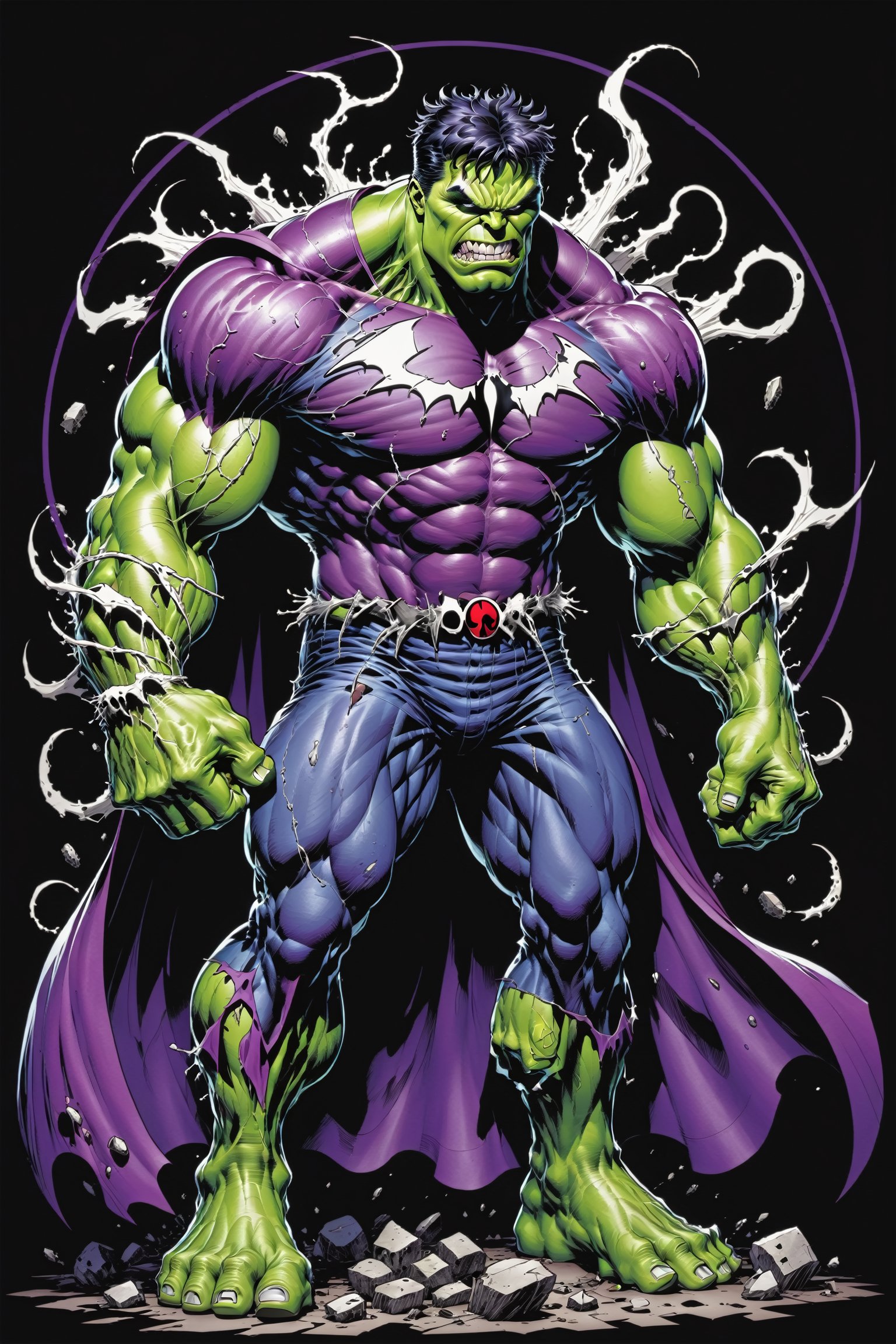 midshot, cel-shading style, centered image, ultra detailed illustration of the comic character ((Spawn Hulk, by Todd McFarlane)),posing, suit with a skull emblem, wearing a purple Cape,  ((Full Body)), (tetradic colors), inkpunk, ink lines, strong outlines, art by MSchiffer, bold traces, unframed, high contrast, cel-shaded, vector, 4k resolution, best quality, (chromatic aberration:1.8)