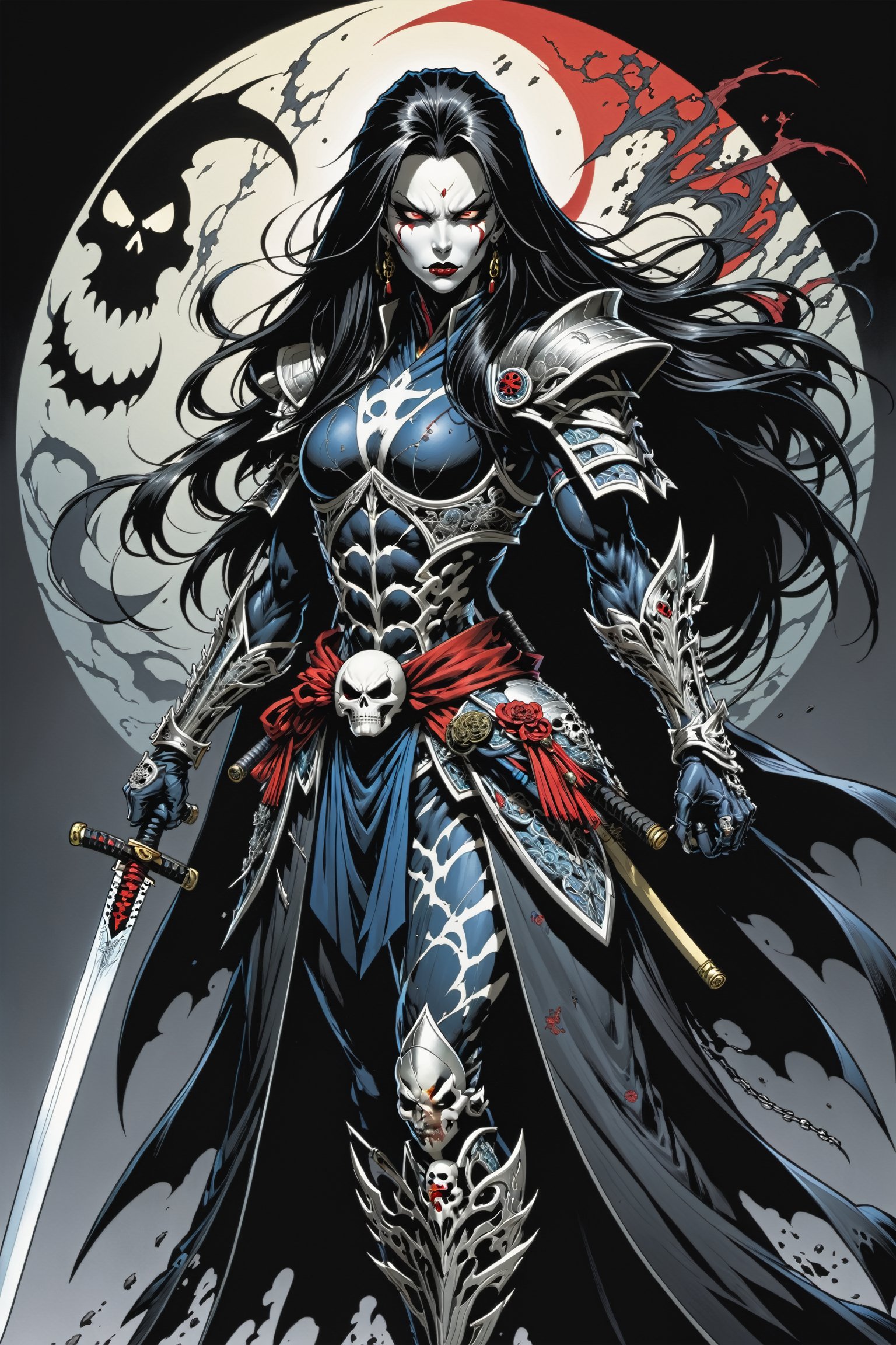 midshot, cel-shading style, centered image, ultra detailed illustration of the comic character ((female Spawn Samurai lady, by Todd McFarlane)), posing, long black long hair, silver and black suit with a skull emblem, long flowing cape,  holding samurai sword, ((Full Body)), (tetradic colors), inkpunk, ink lines, strong outlines, art by MSchiffer, bold traces, unframed, high contrast, cel-shaded, vector, 4k resolution, best quality, (chromatic aberration:1.8)