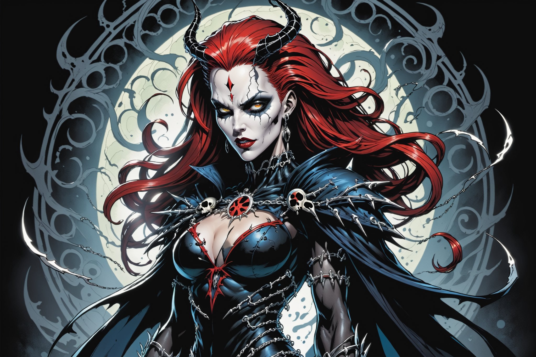 midshot, cel-shading style, centered image, ultra detailed illustration of the comic character ((female Spawn Queen of the Damned by Todd McFarlane)), posing, Black, dress with a skull emblem, ((View from Behind she's looking over her shoulder)), ((Full Body)), ((View from behind)), (tetradic colors), inkpunk, ink lines, strong outlines, art by MSchiffer, bold traces, unframed, high contrast, cel-shaded, vector, 4k resolution, best quality, (chromatic aberration:1.8)