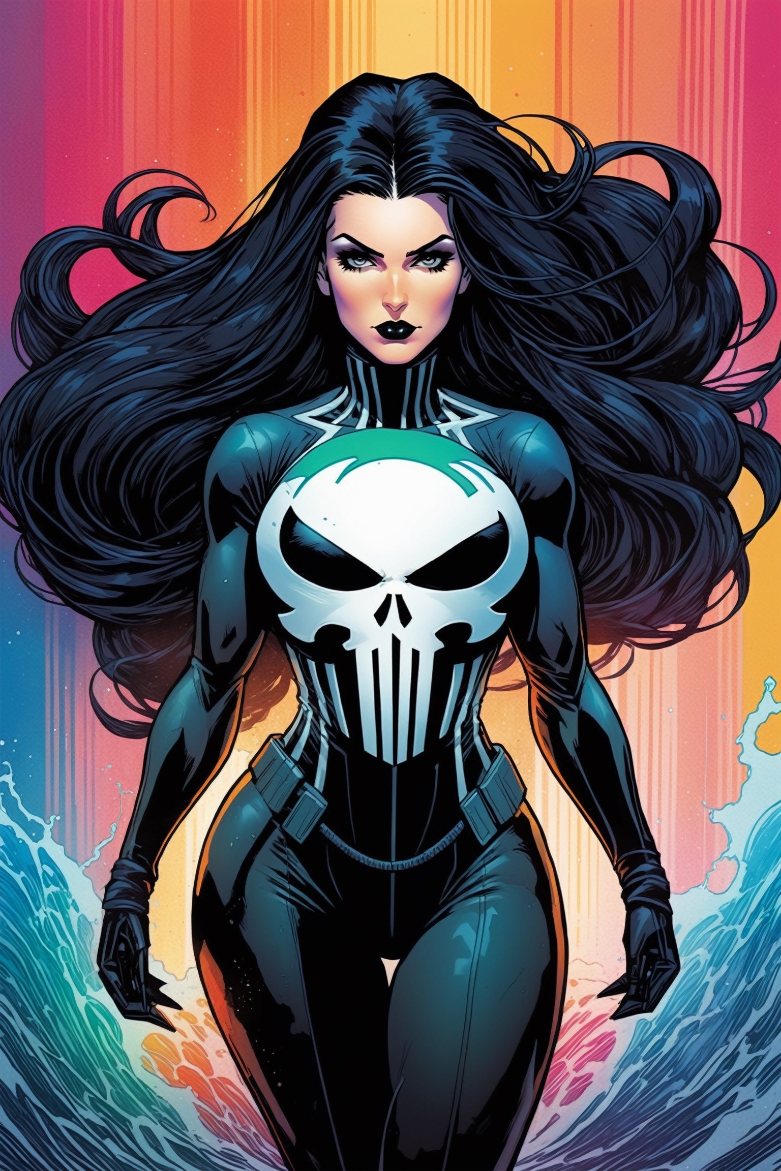 midshot, cel-shading style, centered image, ultra detailed illustration of the comic character, a female Punisher, posing, flowing Maine of black hair, ((Full Body)), (tetradic colors), inkpunk, ink lines, strong outlines, art by MSchiffer, bold traces, unframed, high contrast, cel-shaded, vector, 4k resolution, best quality, (chromatic aberration:1.8)