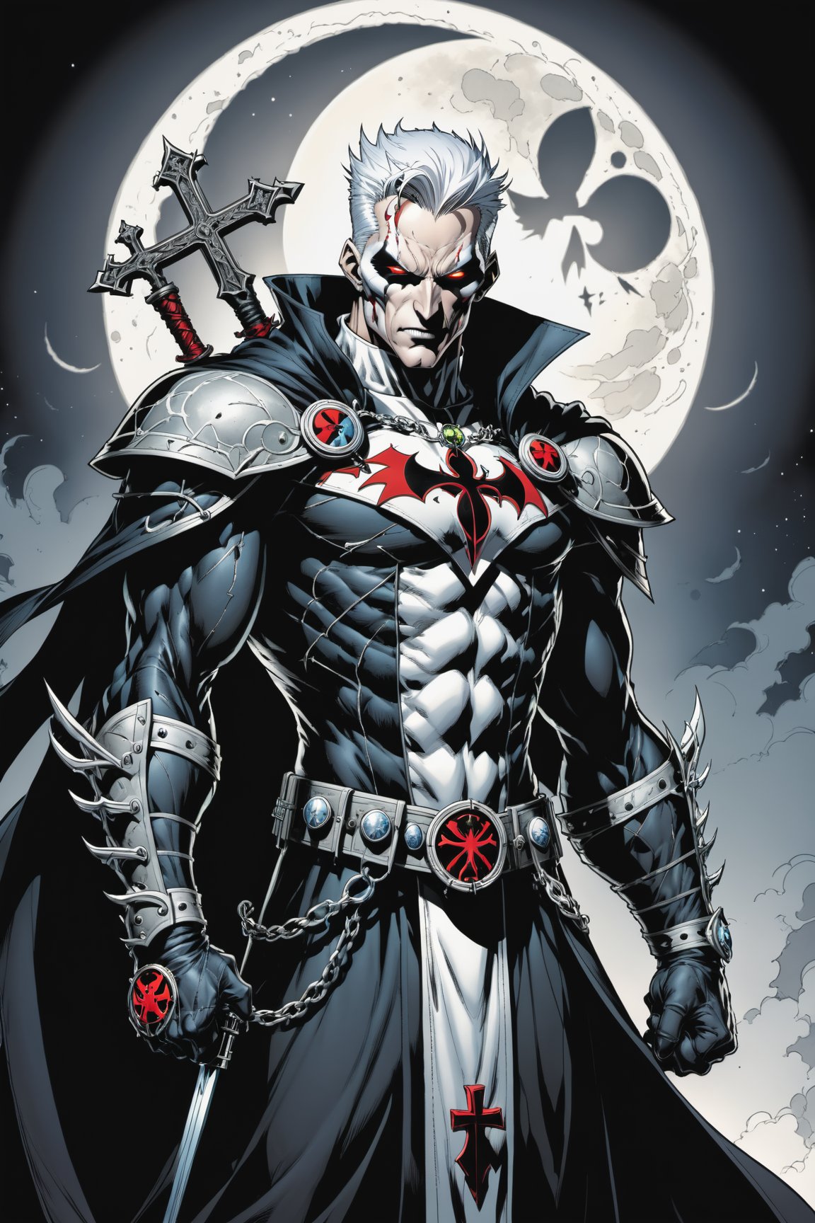 midshot, cel-shading style, centered image, ultra detailed illustration of the comic character ((male Spawn Warrior Catholic priest, by Todd McFarlane)), posing, white  hair,  ((cross around his neck)), charcoal and black white suit with cross emblem, gun belts draped over his shoulders, ((Full Body)), ((perfect hands)), the moon in the background, (tetradic colors), inkpunk, ink lines, strong outlines, art by MSchiffer, bold traces, unframed, high contrast, cel-shaded, vector, 4k resolution, best quality, (chromatic aberration:1.8)