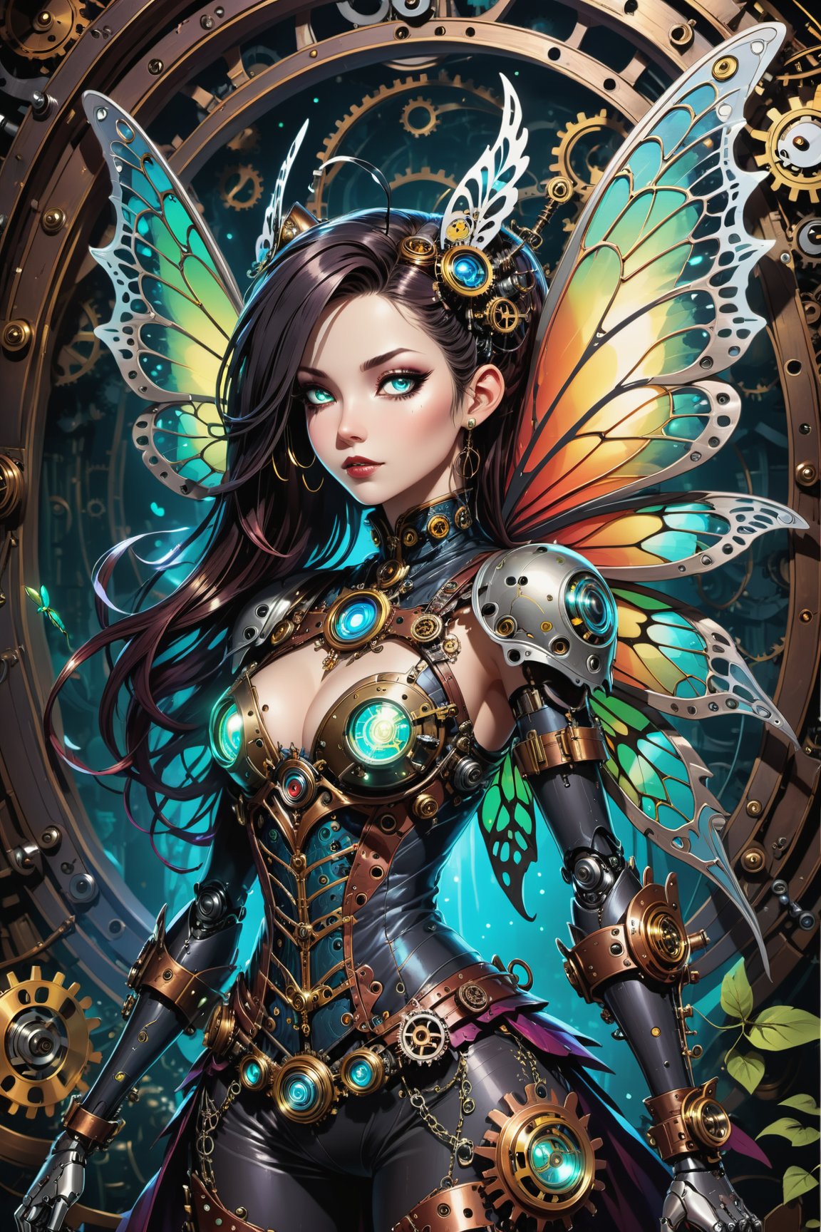 midshot, cel-shading style, centered image, ultra detailed illustration of the comic character ((Spawn 
In the dimly lit, ornate chamber of a mystical steampunk realm, a faerie girl with delicate features and iridescent butterfly wings sprawls amidst a tapestry of gears and cogs. A robot cat, its mechanical limbs splayed in relaxation, rests beside her as candlelight dances across their faces. The soft glow casts a warm ambiance, rendering the intricate details of the steampunk contraptions and the faerie's ethereal wings in exquisite 8K HDR resolution, with an impressive bokeh effect blurring the background, by Todd McFarlane)), posing, ((Full Body)), ((perfect hands)), ((neon glow in the background)), (tetradic colors), inkpunk, ink lines, strong outlines, art by MSchiffer, bold traces, unframed, high contrast, cel-shaded, vector, 4k resolution, 