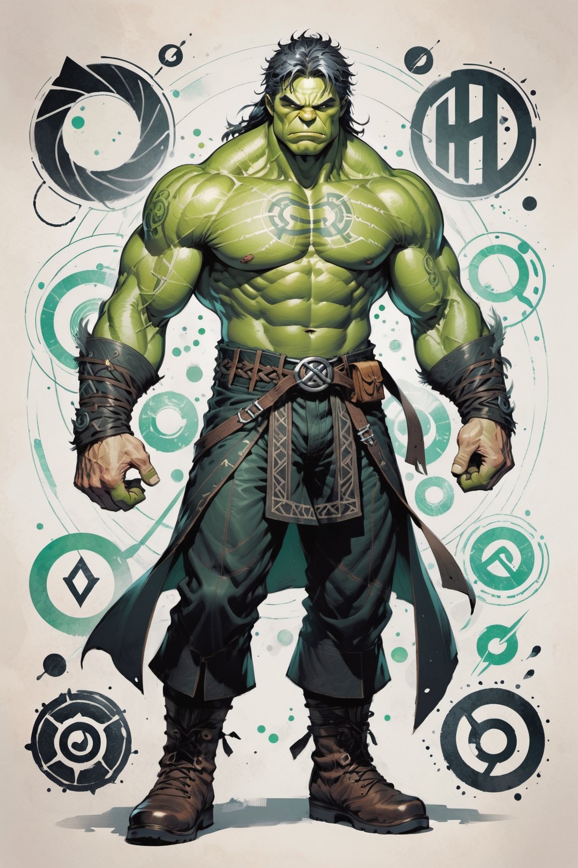 dark, gritty, realistic, mix of bold dark lines and loose lines, bold lines, on paper, turnaround character sheet, a stunningly beautiful (masterpiece, best quality:1.3), (2d:1.3), ink (medium), t-shirt design, White background, Full body, 2D illustration,  ((The Hulk)). bits of color, Sketch book, hand drawn, dark, gritty, realistic sketch, Rough sketch, mix of bold dark lines and loose lines, bold lines, Black paper, turnaround character sheet. Close-up of his face, arcane symbols, runes, dark theme, flowing partially braided pale Green hair, handsome, padded leather clothing embroidered with runes, modest, leather rune embroidered boots, (sharp lines), lines of bold ink, strong outlines, bold strokes, high contrast, (professional vector), best quality, flat colors, flat lights, no shadows, low levels, ((geometric shapes)), paint splatters, arcane symbols, runes, dark theme, Perfect composition golden ratio, masterpiece, best quality, 4k, sharp focus. Better hand, perfect anatomy, ((safe for work))