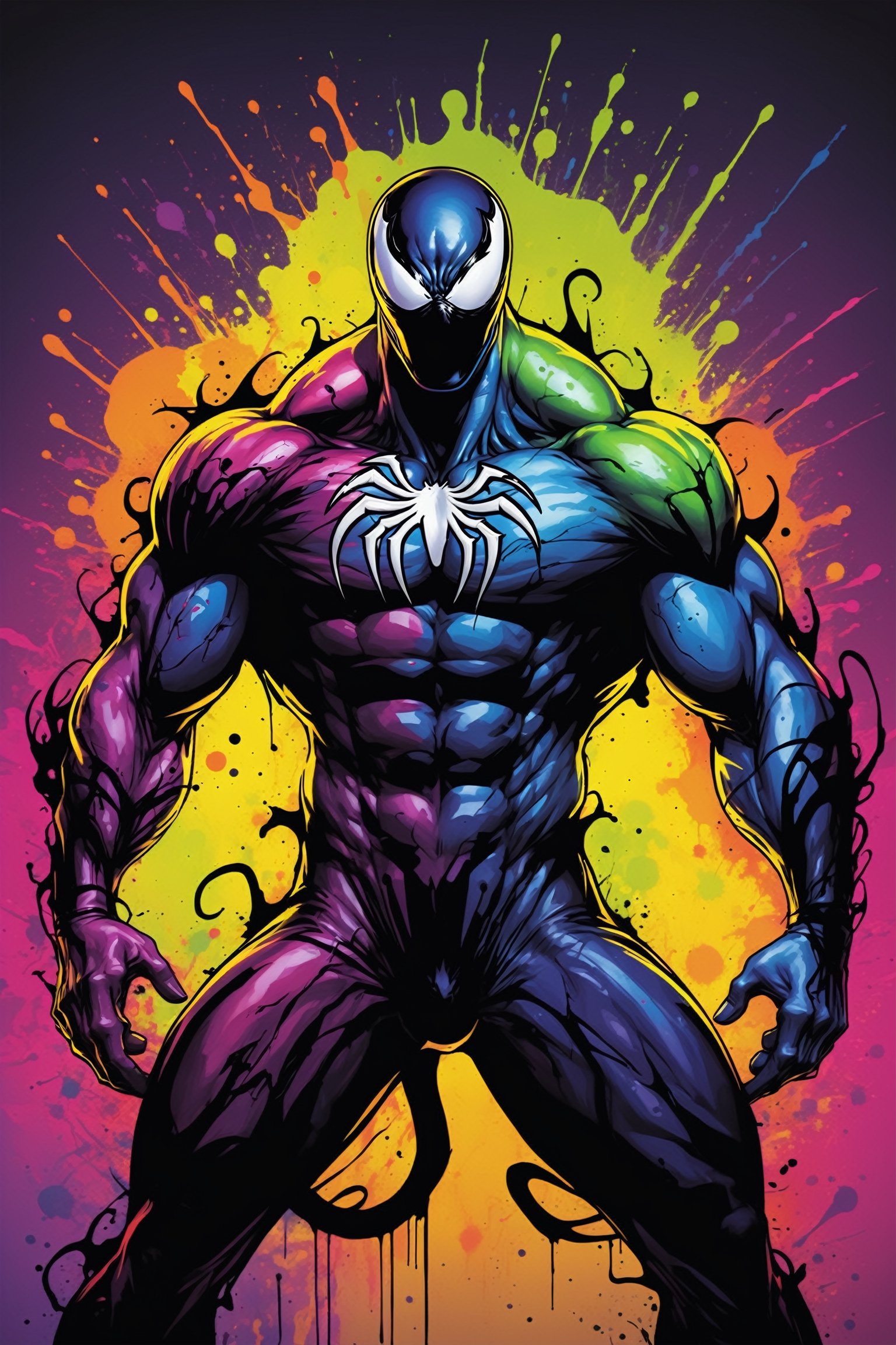 midshot, cel-shading style, centered image, ultra detailed illustration of Venom posing, ((Full Body)), (tetradic colors), ((inkpunk)), ((ink lines)), ink splatter, strong outlines, art by MSchiffer, bold traces, unframed, high contrast, cel-shaded, vector, 4k resolution, best quality, (chromatic aberration:1.8)