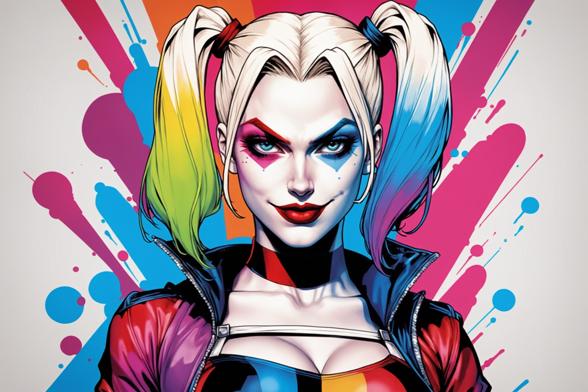 midshot, cel-shading style, centered image, ultra detailed illustration of Harley Quinn, posing, ((Full Body)), (tetradic colors), inkpunk, ink lines, strong outlines, art by MSchiffer, bold traces, unframed, high contrast, cel-shaded, vector, 4k resolution, best quality, (chromatic aberration:1.8)