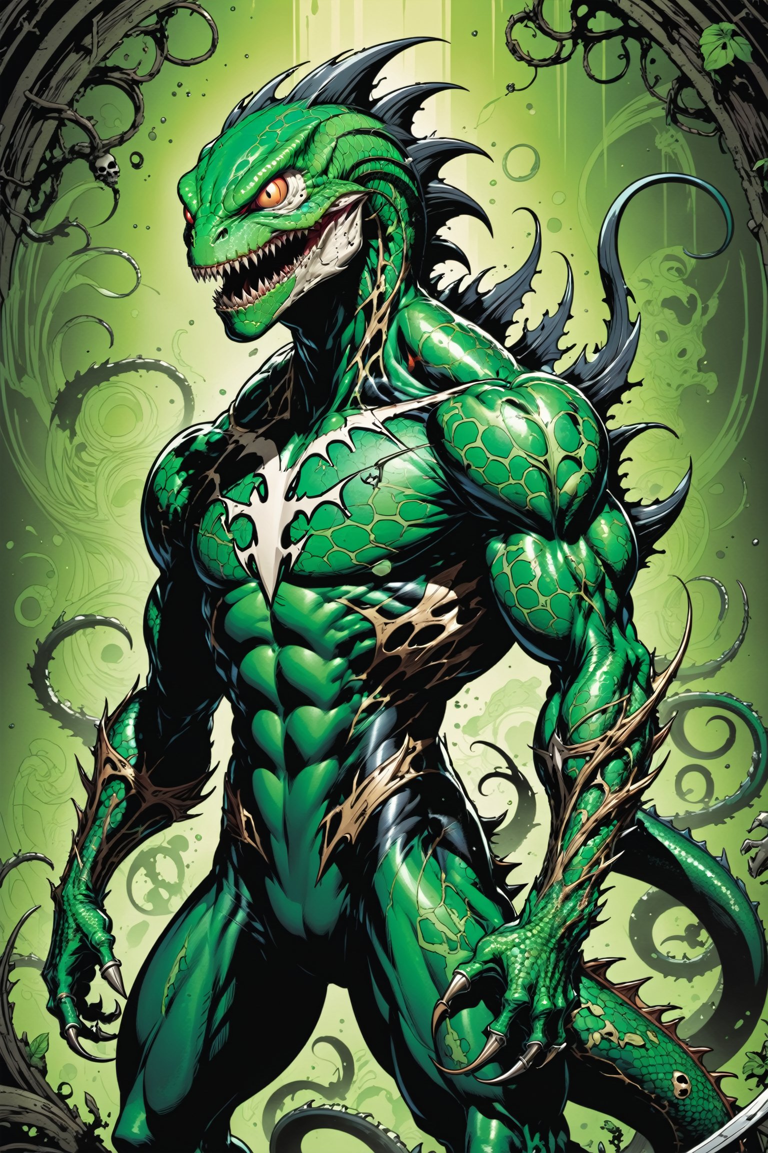 midshot, cel-shading style, centered image, ultra detailed illustration of the comic character ((lizard Spawn by Todd McFarlane)), posing, green, light green, brown, and black body suit with a skull emblem, ((Full Body)) ,ornate background, (tetradic colors), inkpunk, ink lines, strong outlines, art by MSchiffer, bold traces, unframed, high contrast, cel-shaded, vector, 4k resolution, best quality, (chromatic aberration:1.8)