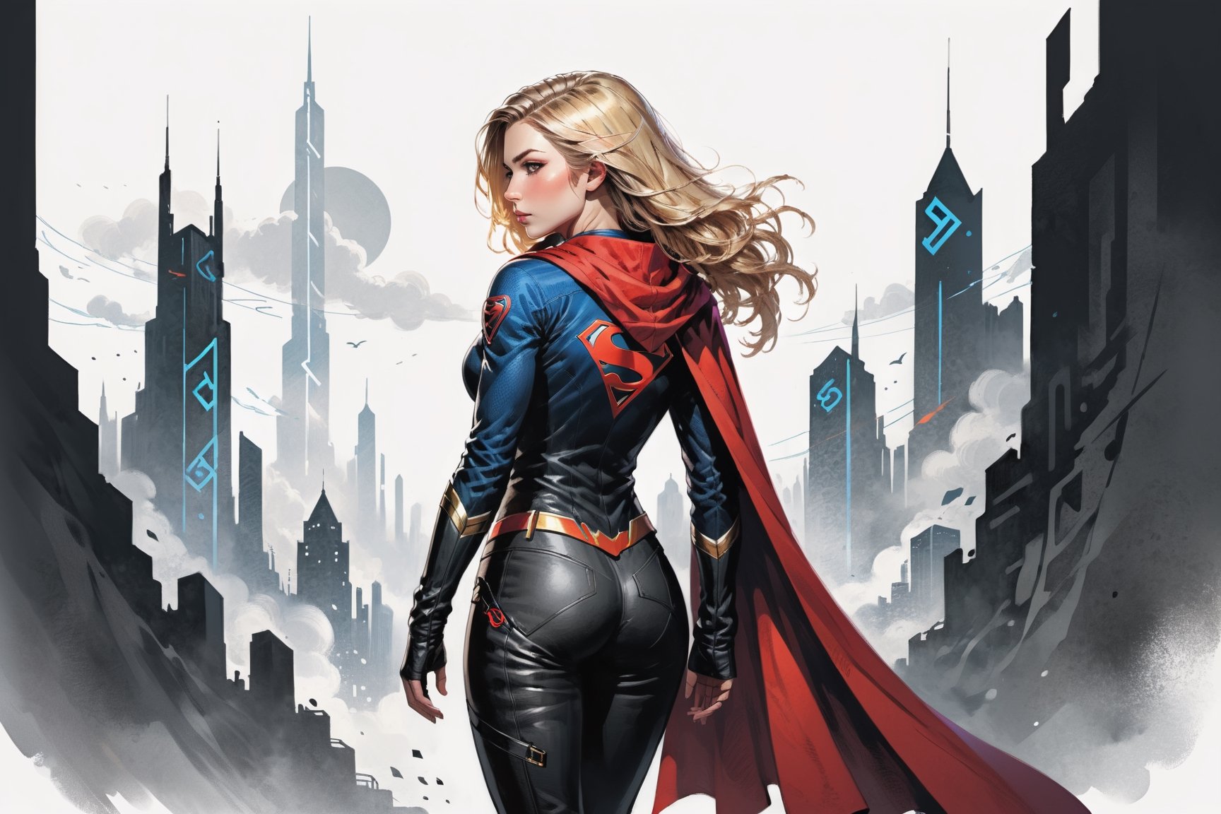 dark, gritty, realistic, mix of bold dark lines and loose lines, bold lines, on paper, turnaround character sheet, a stunningly beautiful (masterpiece, best quality:1.3), (2d:1.3), ink (medium), t-shirt design, White background, ((Half body)),portrait, supergirl, long red cape, outer_space, space hair, levitating, sky, zero gravity, above city, (((View from behind, she is looking over her shoulder))), depth_of_field bits of color, Sketch book, hand drawn, dark, gritty, realistic sketch, Rough sketch, mix of bold dark lines and loose lines, bold lines, Black paper, turnaround character sheet, arcane symbols, runes, dark theme, flowing partially blonde hair, handsome, ((all black padded leather clothing)), embroidered with runes, modest, black leather pants,  leather rune embroidered boots, (sharp lines), lines of bold ink, strong outlines, bold strokes, high contrast, (professional vector), best quality, flat colors, flat lights, no shadows, low levels, ((geometric shapes)), paint splatters, ((arcane symbols)), runes, dark theme, Perfect composition golden ratio, masterpiece, best quality, 4k, sharp focus. Better hand, perfect anatomy, ((safe for work))