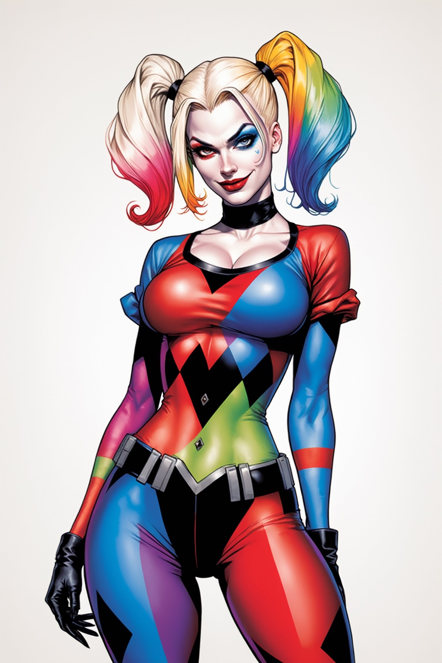 midshot, cel-shading style, centered image, ultra detailed illustration of Harley Quinn, posing, ((Full Body)), (tetradic colors), inkpunk, ink lines, strong outlines, art by MSchiffer, bold traces, unframed, high contrast, cel-shaded, vector, 32k resolution, best quality, (chromatic aberration:1.8)