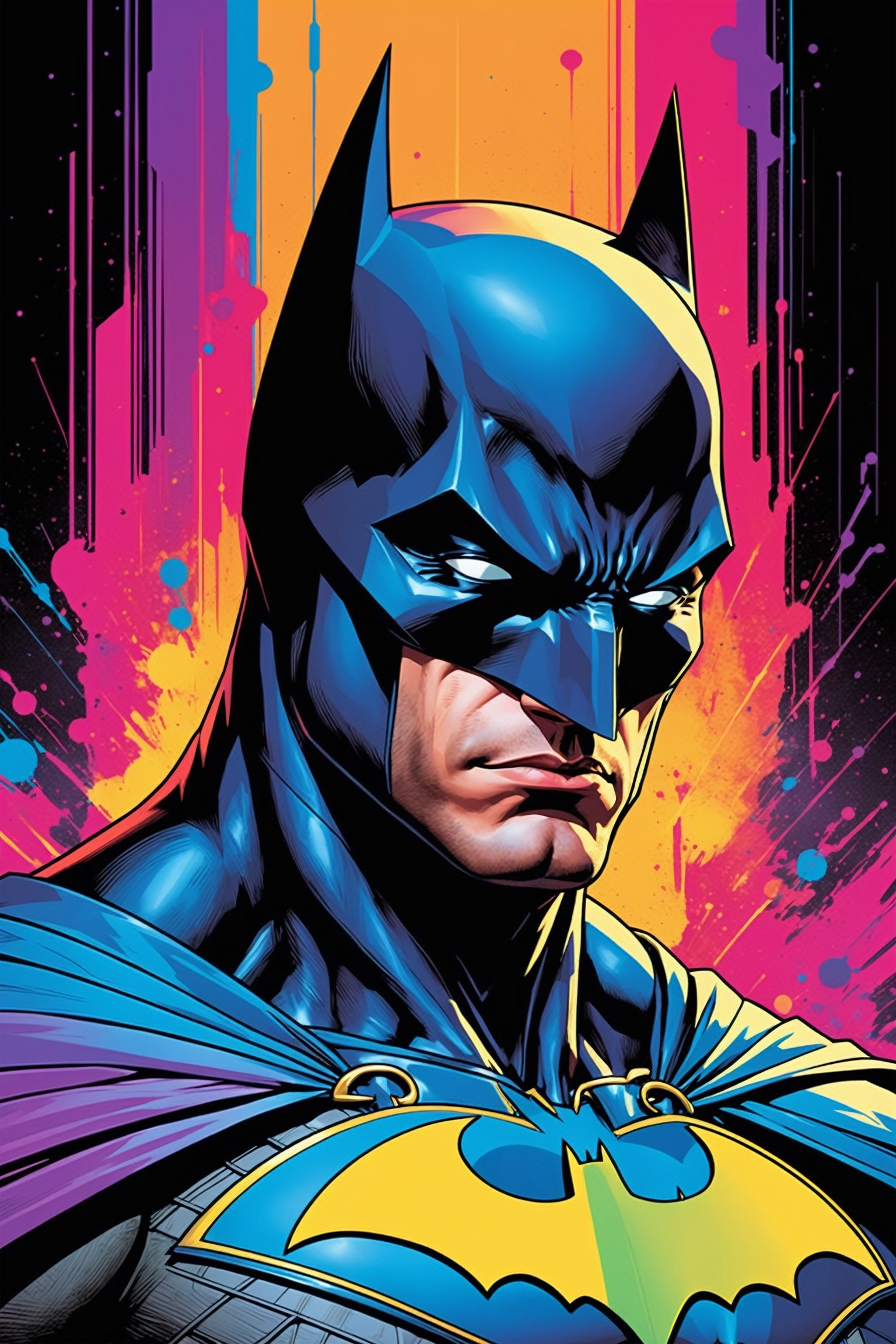 midshot, cel-shading style, centered image, ultra detailed illustration of Batman, posing, ((Full Body)), (tetradic colors), inkpunk, ink lines, strong outlines, art by MSchiffer, bold traces, unframed, high contrast, cel-shaded, vector, 4k resolution, best quality, (chromatic aberration:1.8)