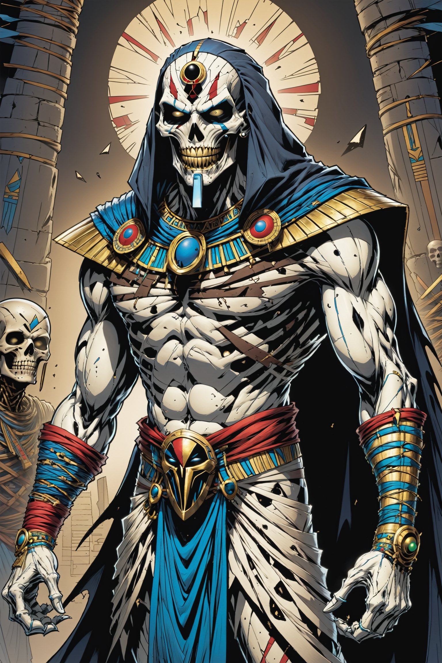 midshot, cel-shading style, centered image, ultra detailed illustration of the comic character ((male Spawn Egyptian mummy, by Todd McFarlane)), posing, wrapped in tattered bandages all over the body, ((Full Body)), inside pyramid, (tetradic colors), inkpunk, ink lines, strong outlines, art by MSchiffer, bold traces, unframed, high contrast, cel-shaded, vector, 4k resolution, best quality, (chromatic aberration:1.8)