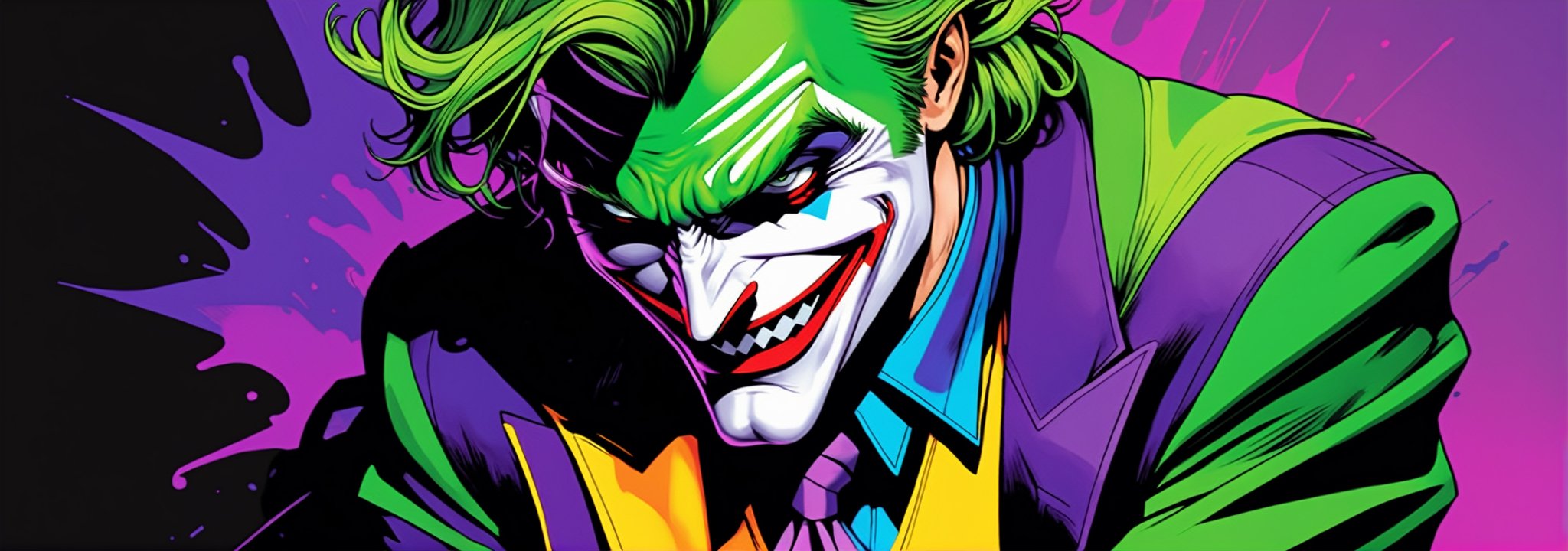 midshot, cel-shading style, centered image, ultra detailed illustration of The Joker, posing, ((Full Body)), (tetradic colors), ((inkpunk)), ((ink lines)), strong outlines, art by MSchiffer, bold traces, unframed, high contrast, cel-shaded, 4k resolution, best quality, (chromatic aberration:1.8)