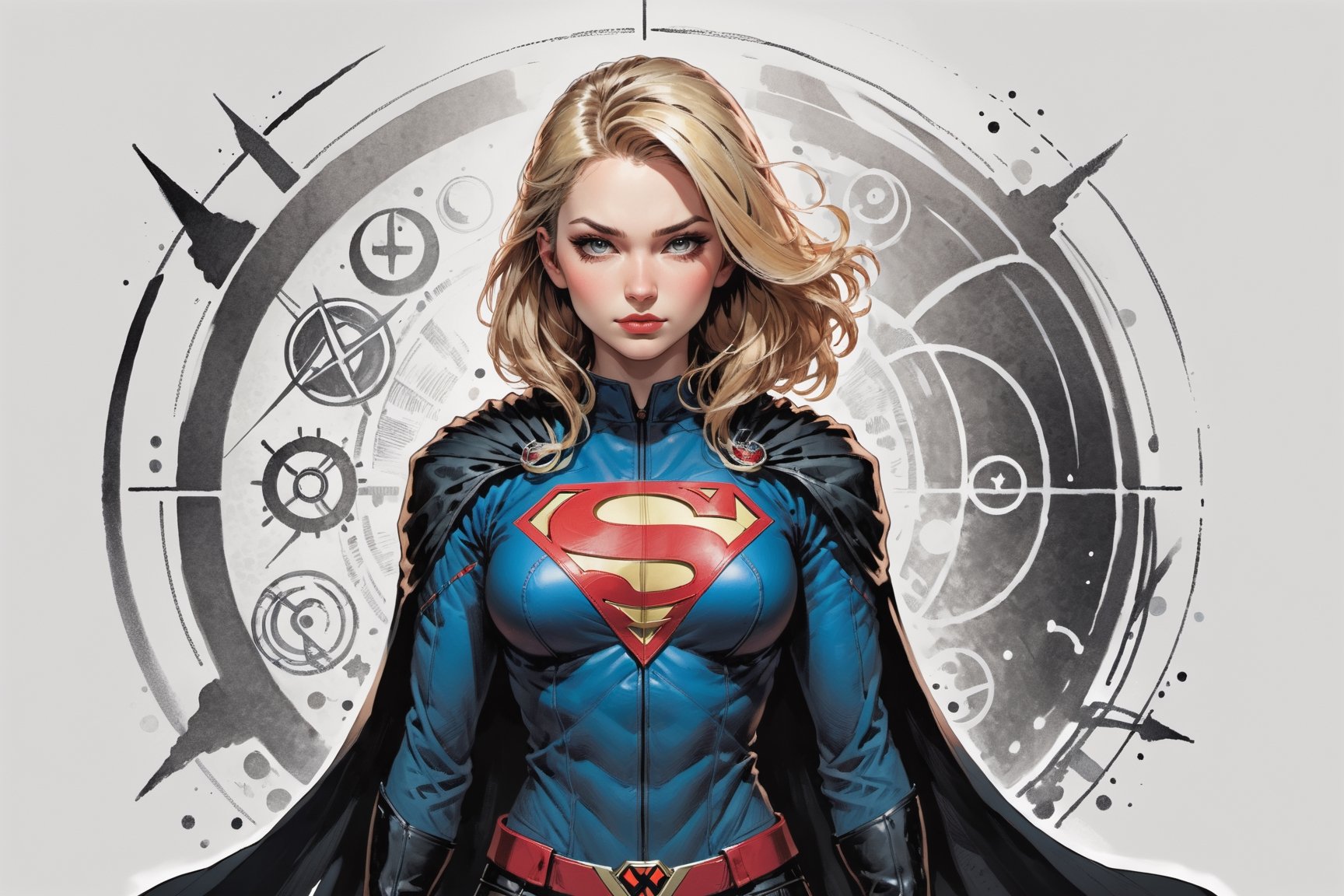 dark, gritty, realistic, mix of bold dark lines and loose lines, bold lines, on paper, turnaround character sheet, a stunningly beautiful (masterpiece, best quality:1.3), (2d:1.3), ink (medium), t-shirt design, White background, ((Half body)),portrait, supergirl, long red cape, outer_space, space hair, levitating, sky, zero gravity, above city, (((View from behind, she is looking over her shoulder))), depth_of_field bits of color, Sketch book, hand drawn, dark, gritty, realistic sketch, Rough sketch, mix of bold dark lines and loose lines, bold lines, Black paper, turnaround character sheet, arcane symbols, runes, dark theme, flowing partially blonde hair, handsome, ((all black padded leather clothing)), embroidered with runes, modest, black leather pants,  leather rune embroidered boots, (sharp lines), lines of bold ink, strong outlines, bold strokes, high contrast, (professional vector), best quality, flat colors, flat lights, no shadows, low levels, ((geometric shapes)), paint splatters, ((arcane symbols)), runes, dark theme, Perfect composition golden ratio, masterpiece, best quality, 4k, sharp focus. Better hand, perfect anatomy, ((safe for work))