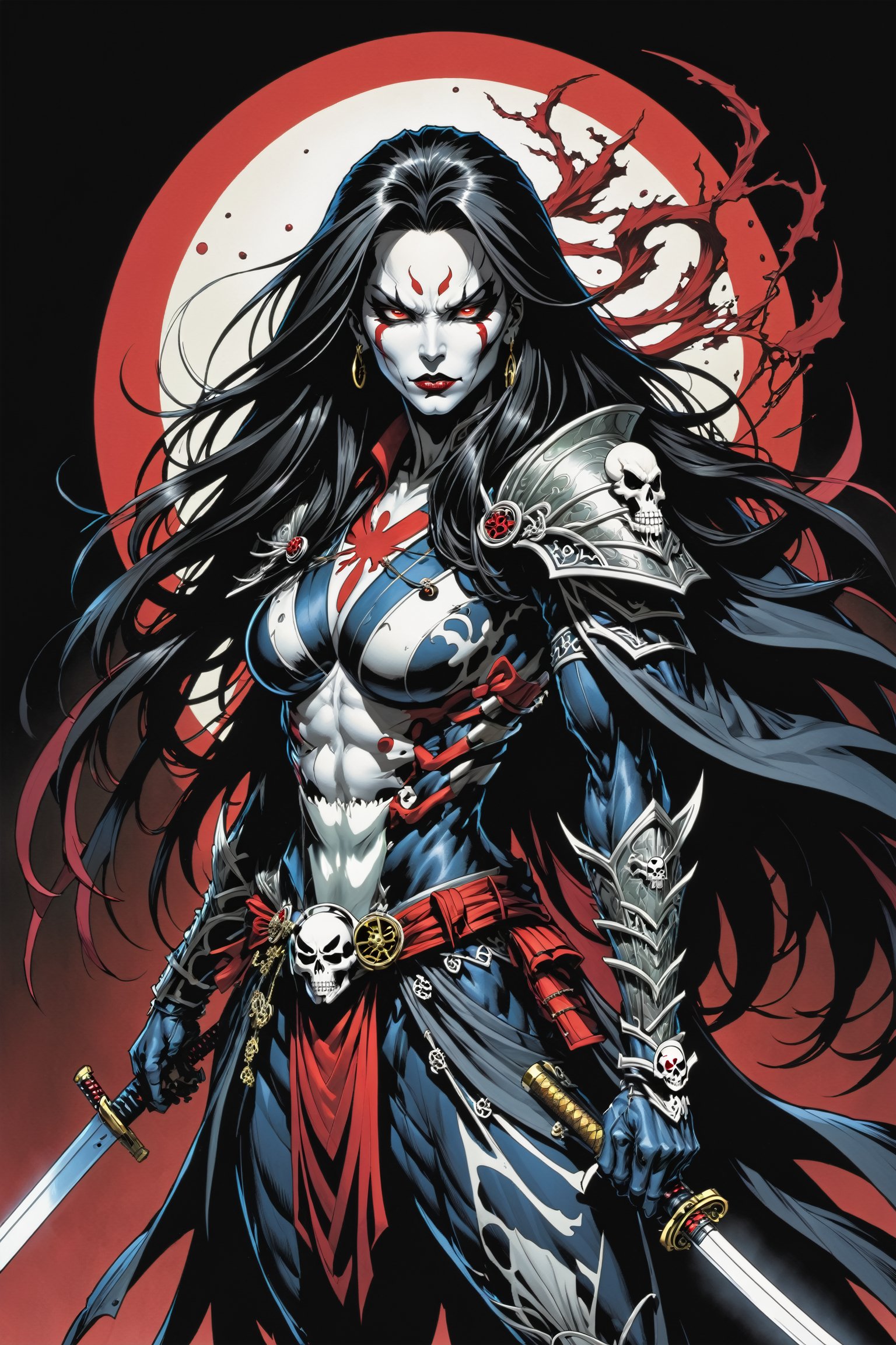 midshot, cel-shading style, centered image, ultra detailed illustration of the comic character ((female Spawn Samurai lady, by Todd McFarlane)), posing, long black long hair, silver and black suit with a skull emblem, long flowing cape,  holding samurai sword, ((Full Body)), (tetradic colors), inkpunk, ink lines, strong outlines, art by MSchiffer, bold traces, unframed, high contrast, cel-shaded, vector, 4k resolution, best quality, (chromatic aberration:1.8)