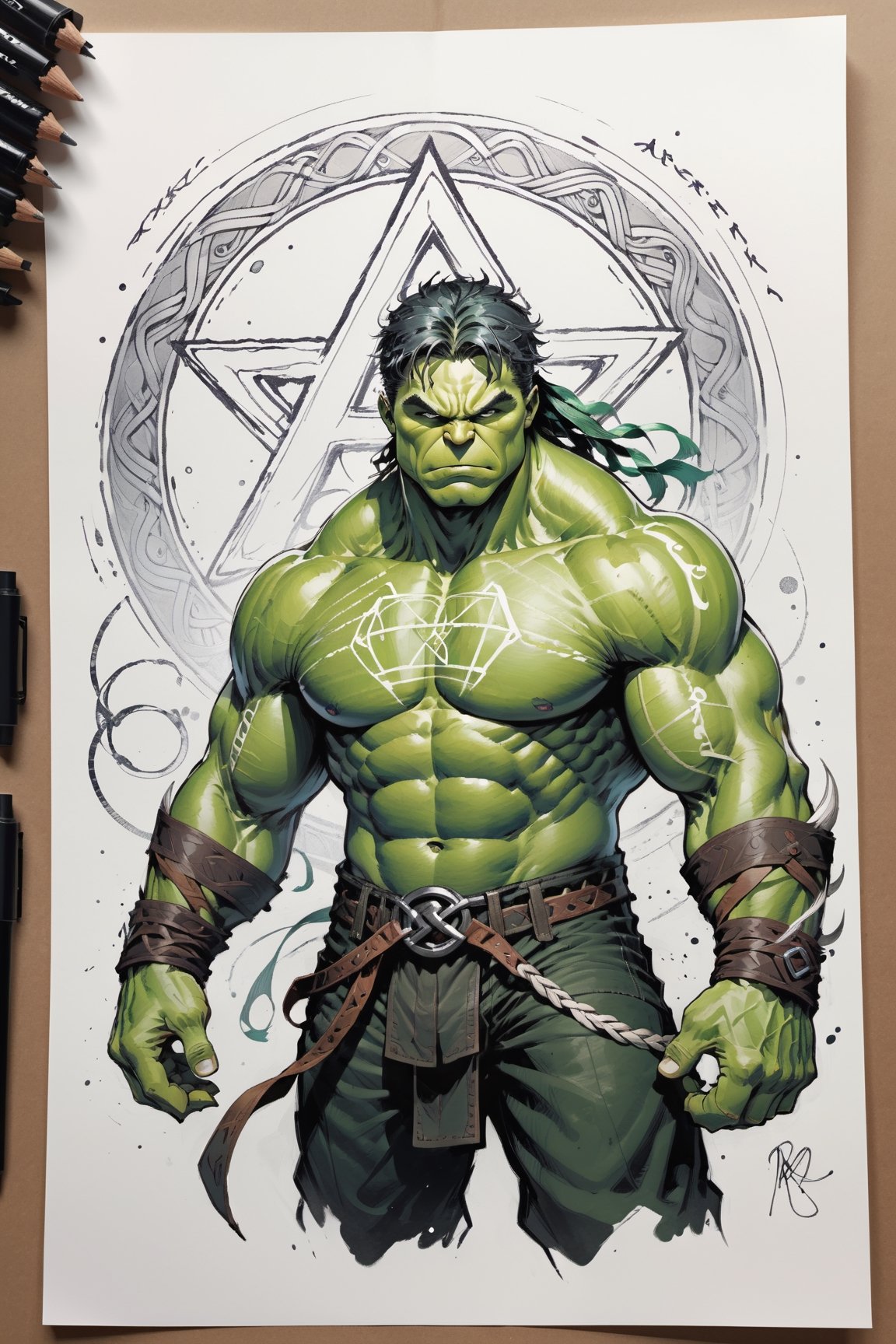 dark, gritty, realistic, mix of bold dark lines and loose lines, bold lines, on paper, turnaround character sheet, a stunningly beautiful (masterpiece, best quality:1.3), (2d:1.3), ink (medium), t-shirt design, White background, Full body, 2D illustration,  ((The Hulk)). bits of color, Sketch book, hand drawn, dark, gritty, realistic sketch, Rough sketch, mix of bold dark lines and loose lines, bold lines, on paper, turnaround character sheet. Close-up of his face, arcane symbols, runes, dark theme, flowing partially braided pale Green hair, handsome, padded leather clothing embroidered with runes, modest, leather rune embroidered boots, (sharp lines), lines of bold ink, strong outlines, bold strokes, high contrast, (professional vector), best quality, flat colors, flat lights, no shadows, low levels, ((geometric shapes)), paint splatters, arcane symbols, runes, dark theme, Perfect composition golden ratio, masterpiece, best quality, 4k, sharp focus. Better hand, perfect anatomy, ((safe for work))