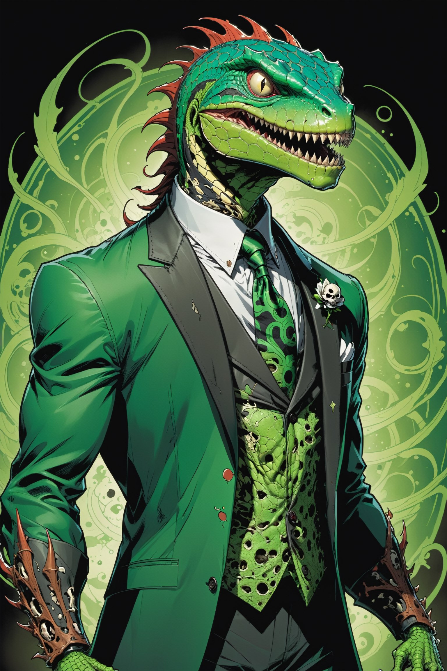 midshot, cel-shading style, centered image, ultra detailed illustration of the comic character ((lizard Spawn by Todd McFarlane)), posing, green, light green, brown, and black suit with a skull emblem, ((Full Body)) ,ornate background, (tetradic colors), inkpunk, ink lines, strong outlines, art by MSchiffer, bold traces, unframed, high contrast, cel-shaded, vector, 4k resolution, best quality, (chromatic aberration:1.8)