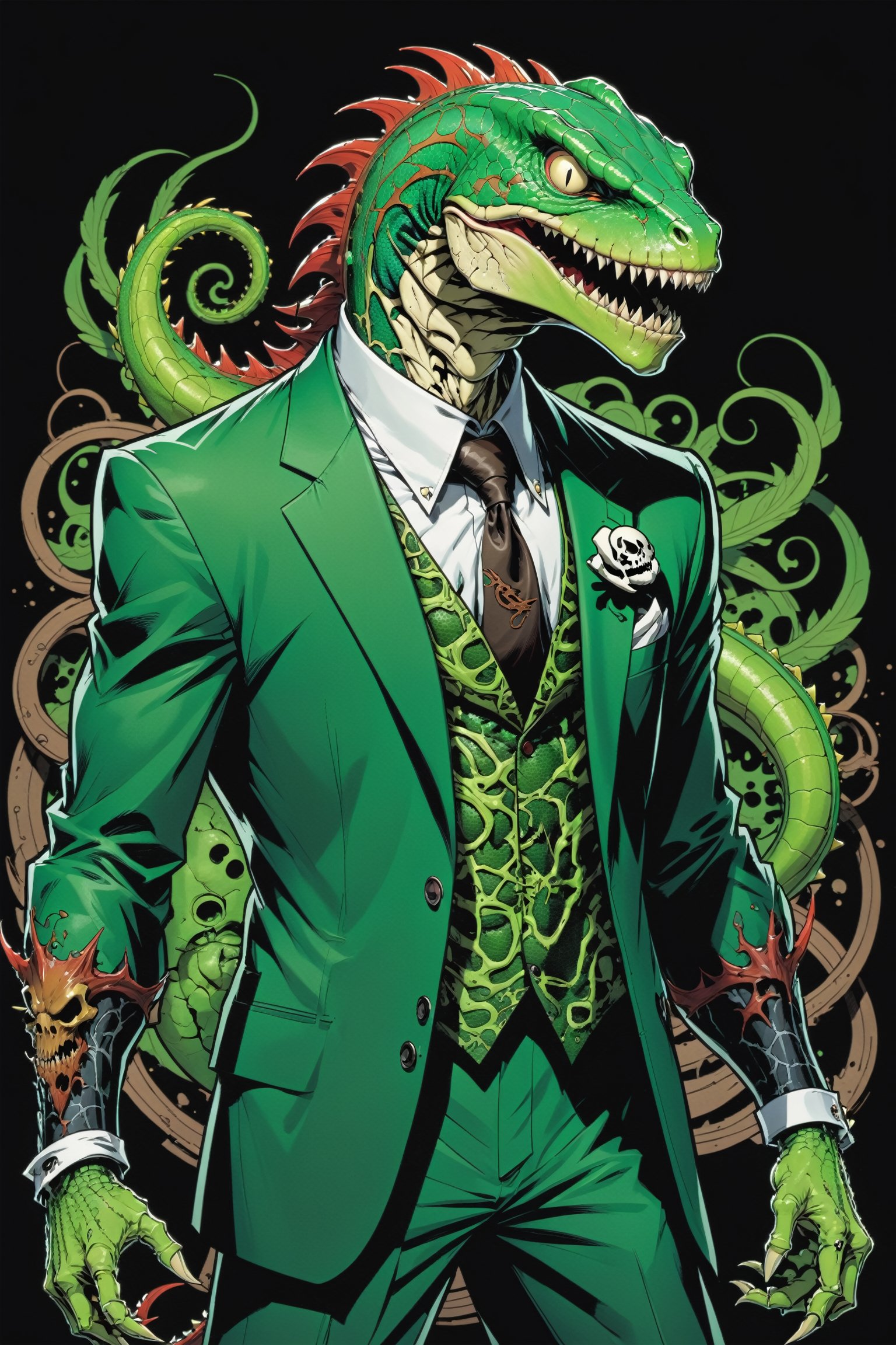 midshot, cel-shading style, centered image, ultra detailed illustration of the comic character ((lizard Spawn by Todd McFarlane)), posing, green, light green, brown, and black suit with a skull emblem, ((Full Body)) ,ornate background, (tetradic colors), inkpunk, ink lines, strong outlines, art by MSchiffer, bold traces, unframed, high contrast, cel-shaded, vector, 4k resolution, best quality, (chromatic aberration:1.8)