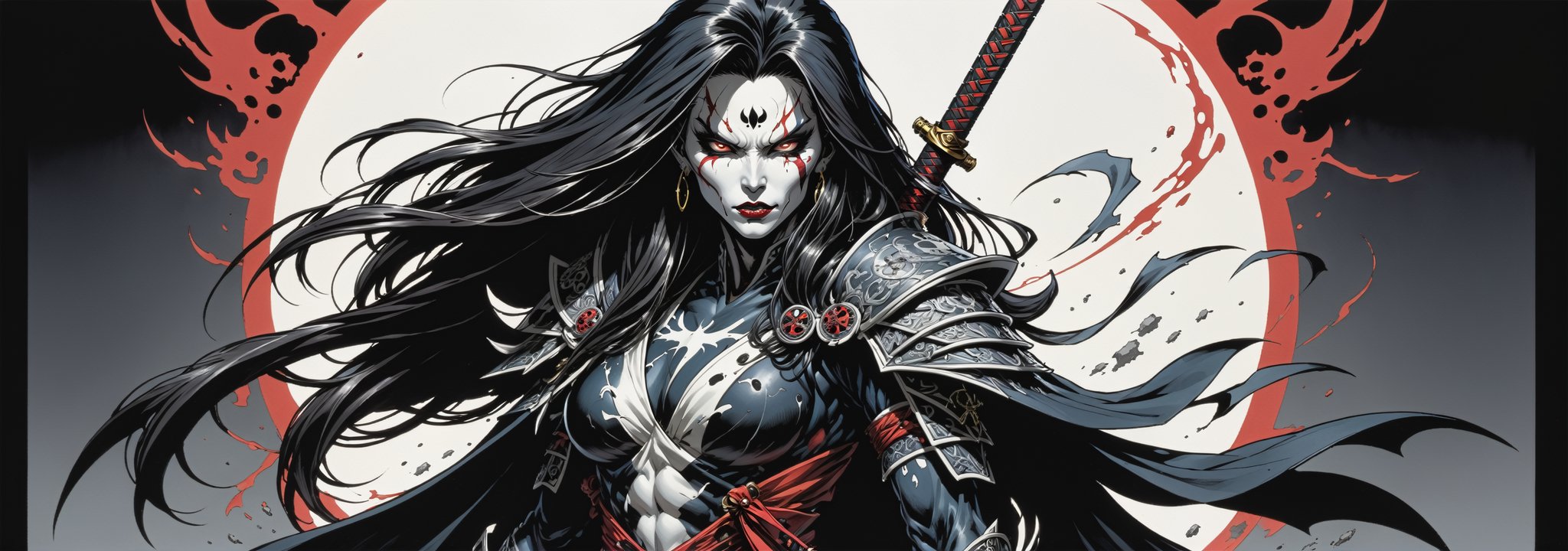 midshot, cel-shading style, centered image, ultra detailed illustration of the comic character ((female Spawn Samurai lady, by Todd McFarlane)), posing, long black long hair, silver and black suit with a skull emblem, long flowing cape,  holding samurai sword, ((Full Body)), (tetradic colors), inkpunk, ink lines, strong outlines, art by MSchiffer, bold traces, unframed, high contrast, cel-shaded, vector, 4k resolution, best quality, (chromatic aberration:1.8)