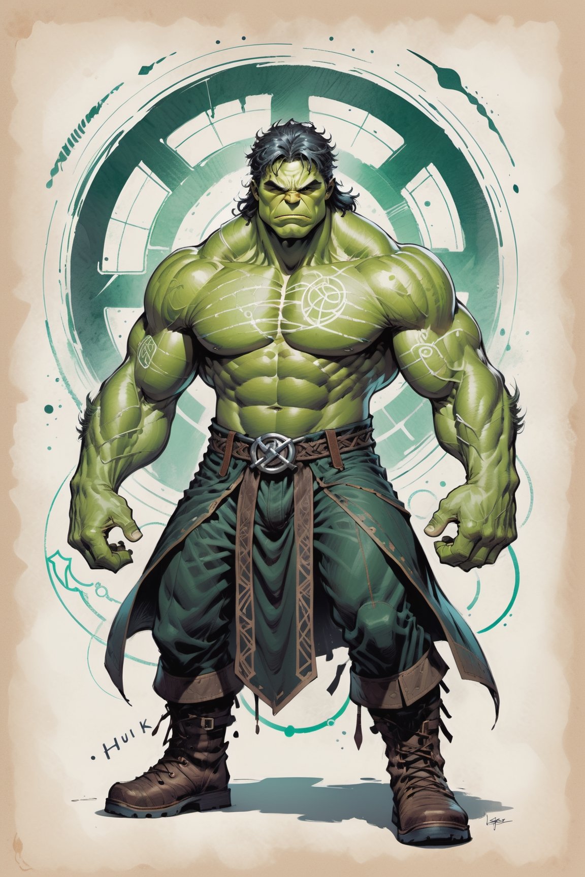 dark, gritty, realistic, mix of bold dark lines and loose lines, bold lines, on paper, turnaround character sheet, a stunningly beautiful (masterpiece, best quality:1.3), (2d:1.3), ink (medium), t-shirt design, White background, Full body, 2D illustration,  ((The Hulk)). bits of color, Sketch book, hand drawn, dark, gritty, realistic sketch, Rough sketch, mix of bold dark lines and loose lines, bold lines, on paper, turnaround character sheet. Close-up of his face, arcane symbols, runes, dark theme, flowing partially braided pale Green hair, handsome, padded leather clothing embroidered with runes, modest, leather rune embroidered boots, (sharp lines), lines of bold ink, strong outlines, bold strokes, high contrast, (professional vector), best quality, flat colors, flat lights, no shadows, low levels, ((geometric shapes)), paint splatters, arcane symbols, runes, dark theme, Perfect composition golden ratio, masterpiece, best quality, 4k, sharp focus. Better hand, perfect anatomy, ((safe for work))