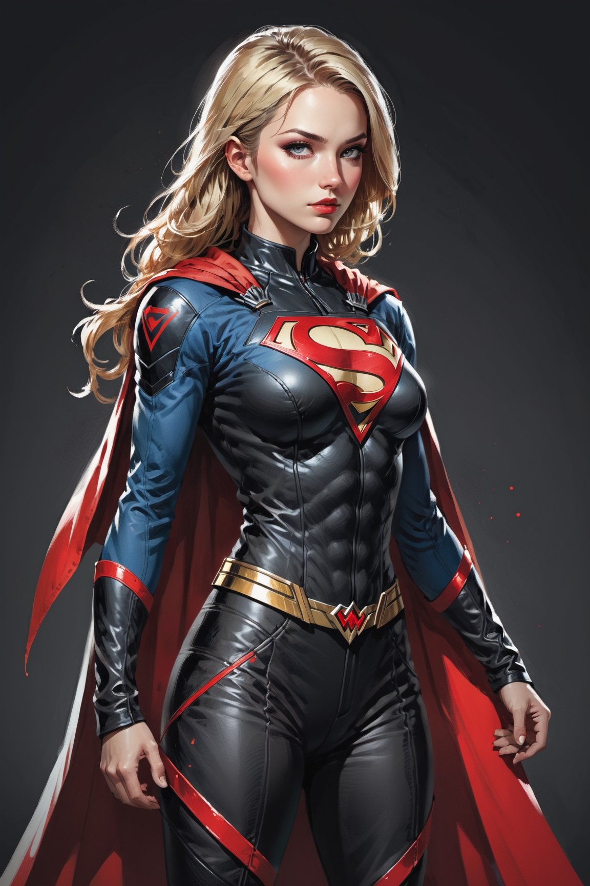 dark, gritty, realistic, mix of bold dark lines and loose lines, bold lines, on paper, turnaround character sheet, a stunningly beautiful (masterpiece, best quality:1.3), (2d:1.3), ink (medium), t-shirt design, White background, ((Half body)),portrait, supergirl, long red cape, outer_space, space hair, levitating, sky, zero gravity, above city, (((View from behind, she is looking over her shoulder))), depth_of_field bits of color, Sketch book, hand drawn, dark, gritty, realistic sketch, Rough sketch, mix of bold dark lines and loose lines, bold lines, Black paper, turnaround character sheet, arcane symbols, runes, dark theme, flowing partially blonde hair, handsome, ((all black padded leather clothing with red accents)), embroidered with runes, modest, black leather pants,  leather rune embroidered boots, (sharp lines), lines of bold ink, strong outlines, bold strokes, high contrast, (professional vector), best quality, flat colors, flat lights, no shadows, low levels, ((geometric shapes)), paint splatters, ((arcane symbols)), runes, dark theme, Perfect composition golden ratio, masterpiece, best quality, 4k, sharp focus. Better hand, perfect anatomy, ((safe for work))