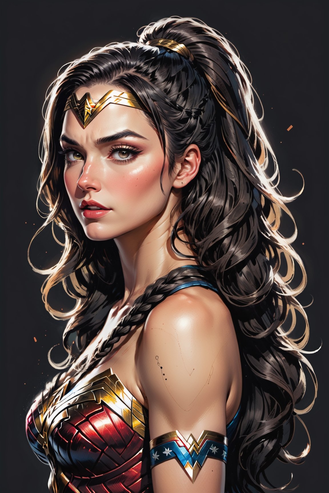 dark, gritty, realistic, mix of bold dark lines and loose lines, bold lines, on paper, turnaround character sheet, a stunningly beautiful (masterpiece, best quality:1.3), (2d:1.3), ink (medium), t-shirt design, White background, Full body, 2D illustration,  (((Wonder Woman))). bits of color, Sketch book, hand drawn, dark, gritty, realistic sketch, Rough sketch, mix of bold dark lines and loose lines, bold lines, on black paper, turnaround character sheet. Half body, (((View from behind))), ((she is looking over her shoulder)), arcane symbols, runes, dark theme, flowing partially braided Black hair, large long ponytail, (sharp lines), lines of bold ink, strong outlines, bold strokes, high contrast, (professional vector), best quality, flat colors, flat lights, no shadows, low levels, ((geometric shapes)), paint splatters, arcane symbols, runes, dark theme, Perfect composition golden ratio, masterpiece, best quality, 4k, sharp focus. Better hand, perfect anatomy, ((safe for work))