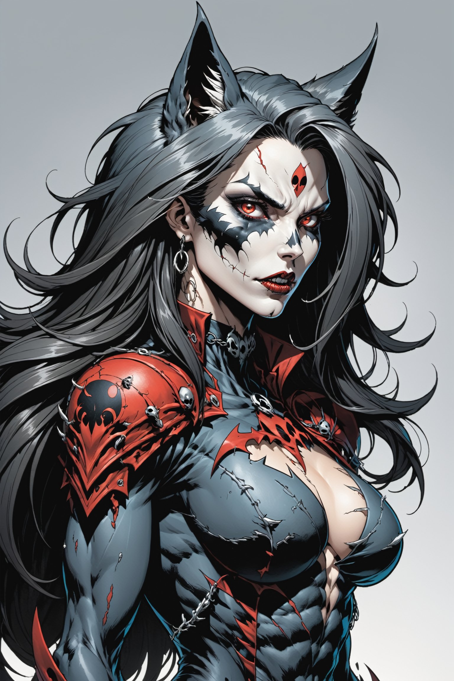 midshot, cel-shading style, centered image, ultra detailed illustration of the comic character ((female Spawn Wolf lady, by Todd McFarlane)), posing, long black long hair, Gray rust, and black suit with a skull emblem, ((view from Behind she’s looking over her shoulder)),  ((she has a wolf snout)), ((Full Body)), ((view from behind)), ((perfect hands)), (tetradic colors), inkpunk, ink lines, strong outlines, art by MSchiffer, bold traces, unframed, high contrast, cel-shaded, vector, 4k resolution, best quality, (chromatic aberration:1.8)